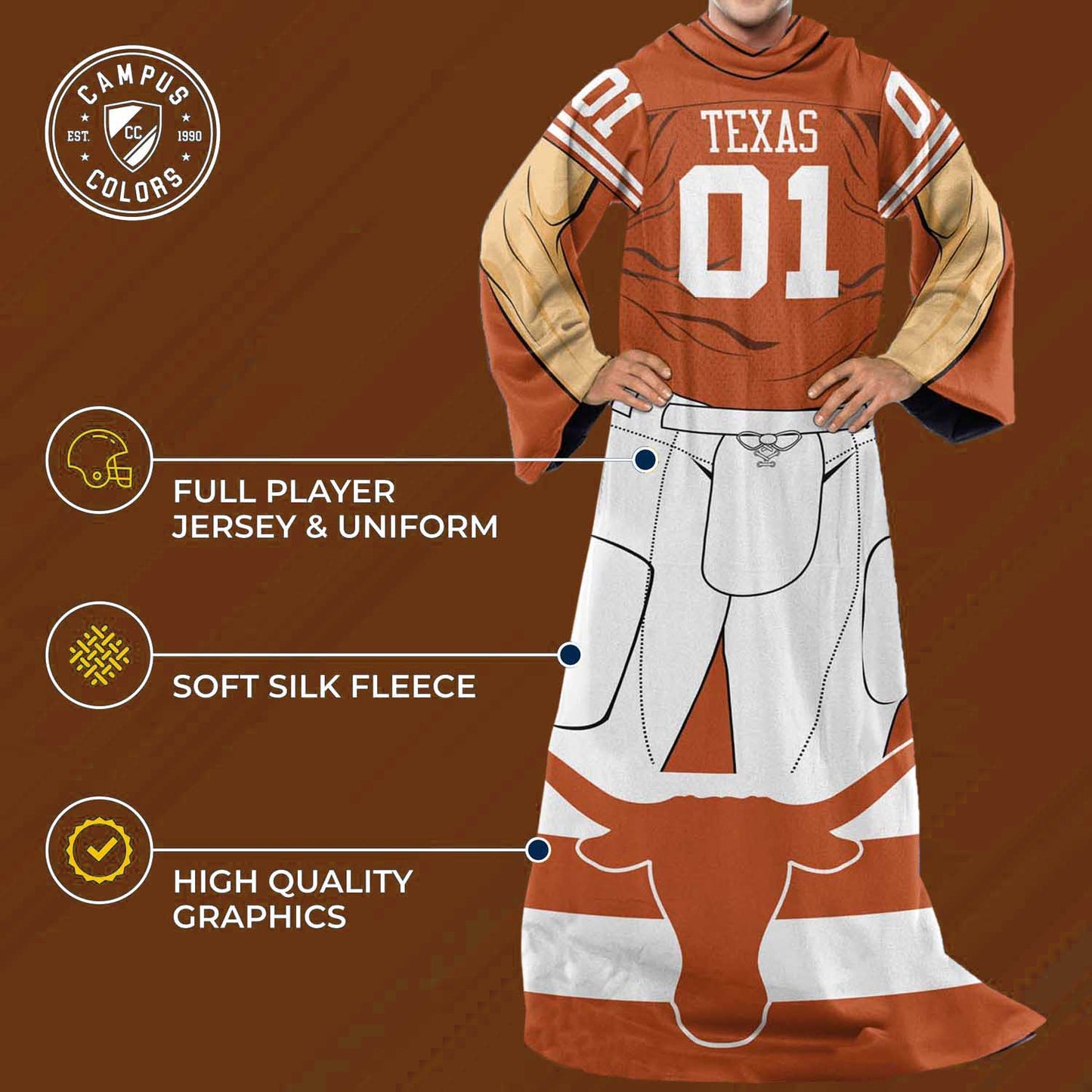 Texas Longhorns NCAA Team Wearable Blanket with Sleeves - Texas Orange