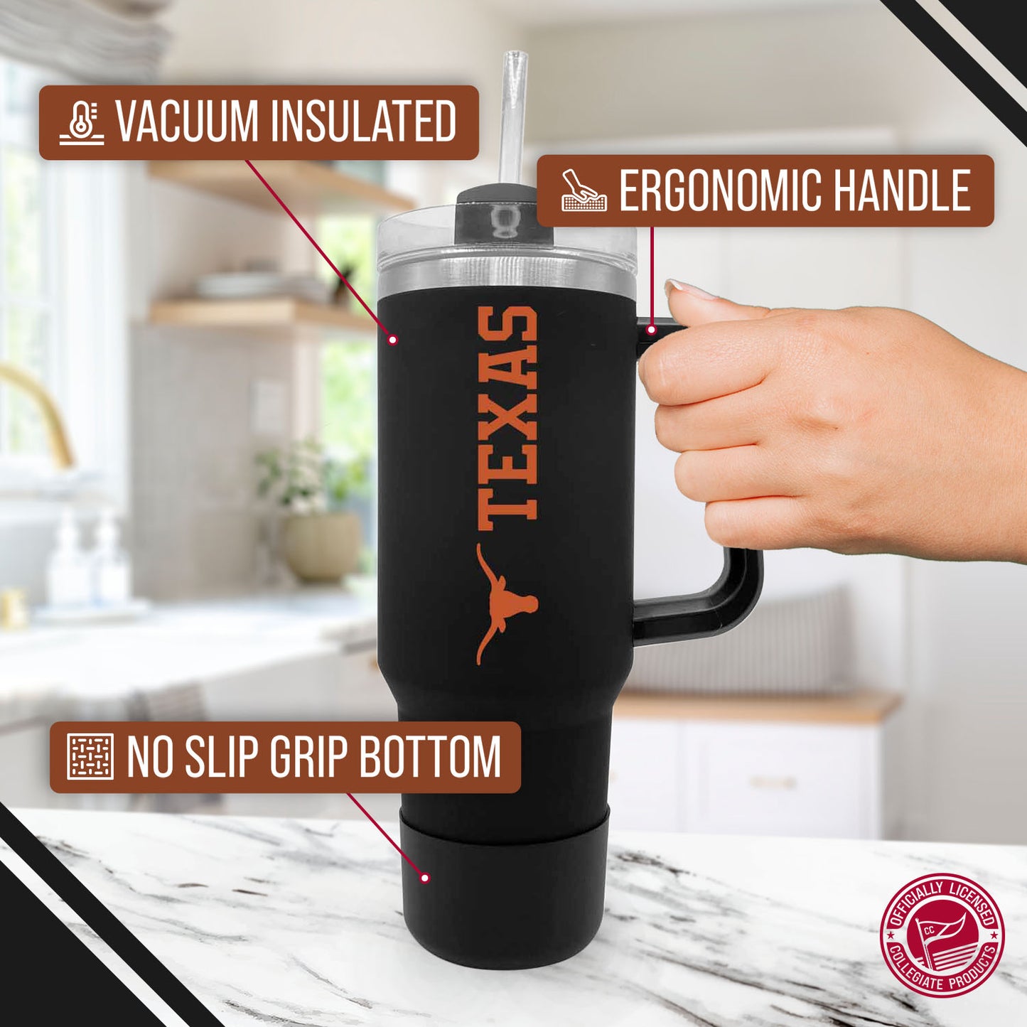 Texas Longhorns College & University 40 oz Travel Tumbler With Handle - Black
