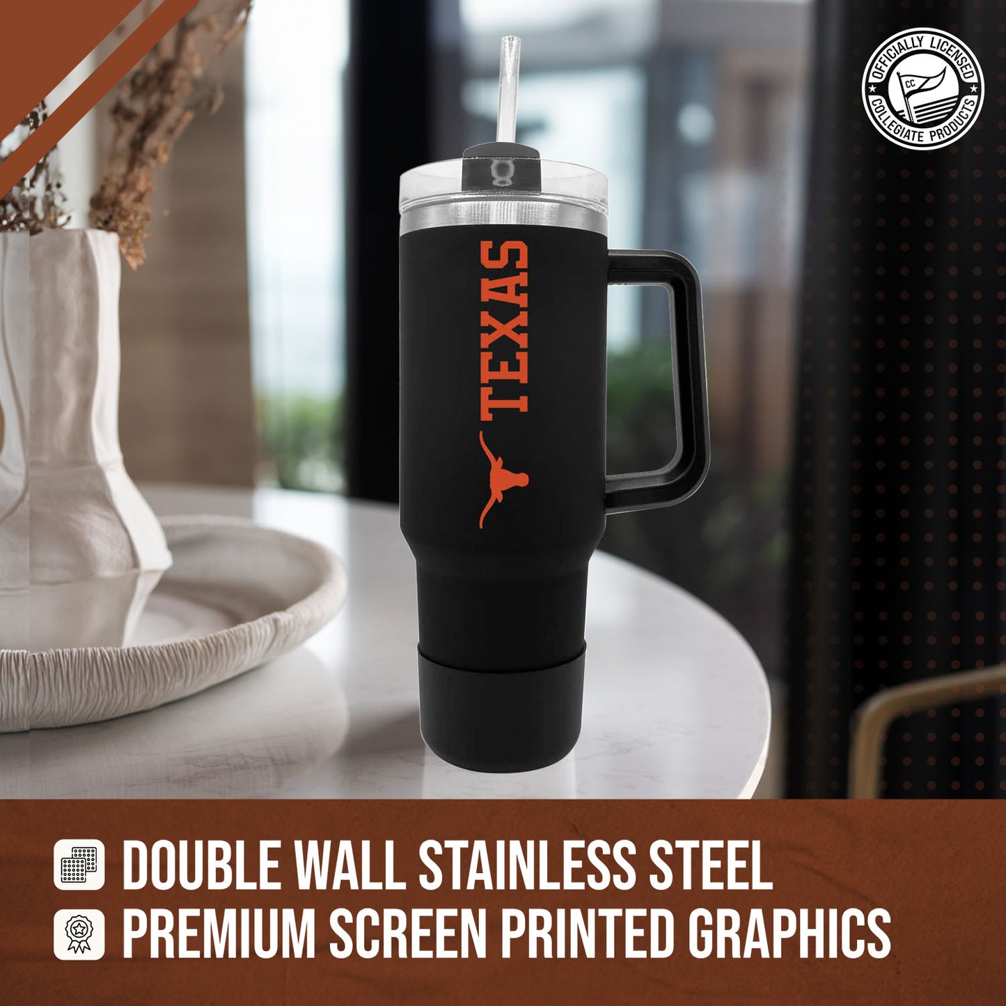 Texas Longhorns College & University 40 oz Travel Tumbler With Handle - Black