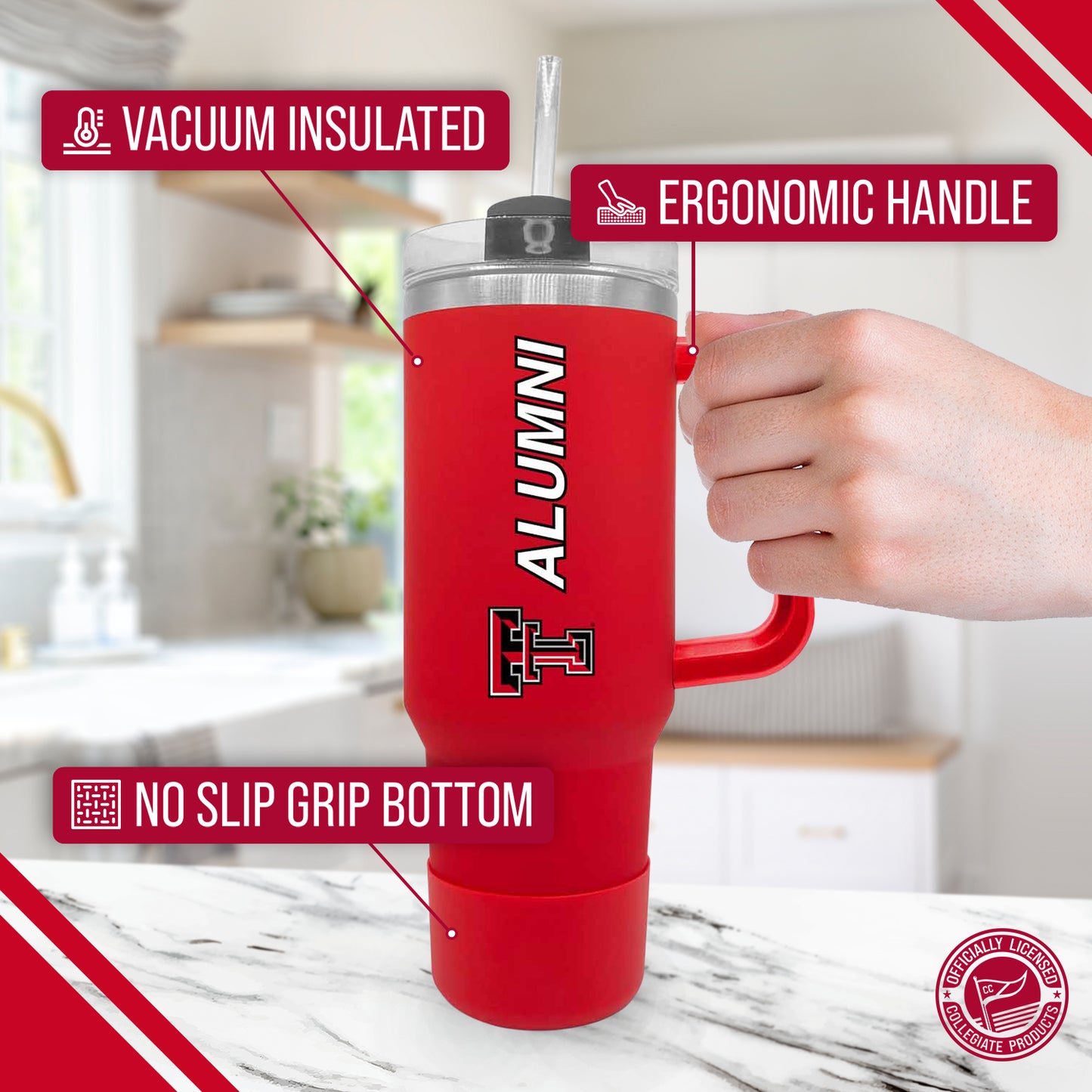 Texas Tech Red Raiders Collegiate 40oz Stainless Steel Travel Tumbler with Handle for Alumni - Red