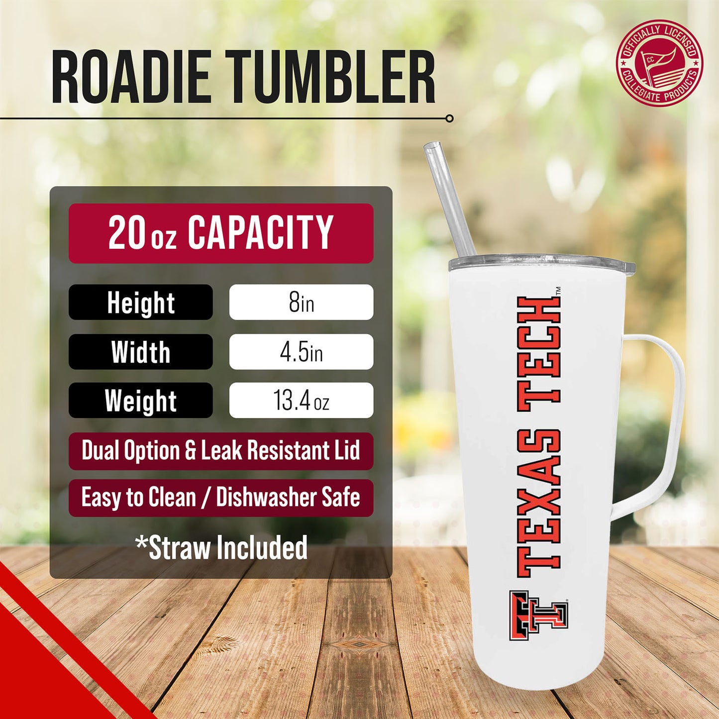 Texas Tech Red Raiders NCAA Stainless Steel 20oz Roadie With Handle & Dual Option Lid With Straw - White
