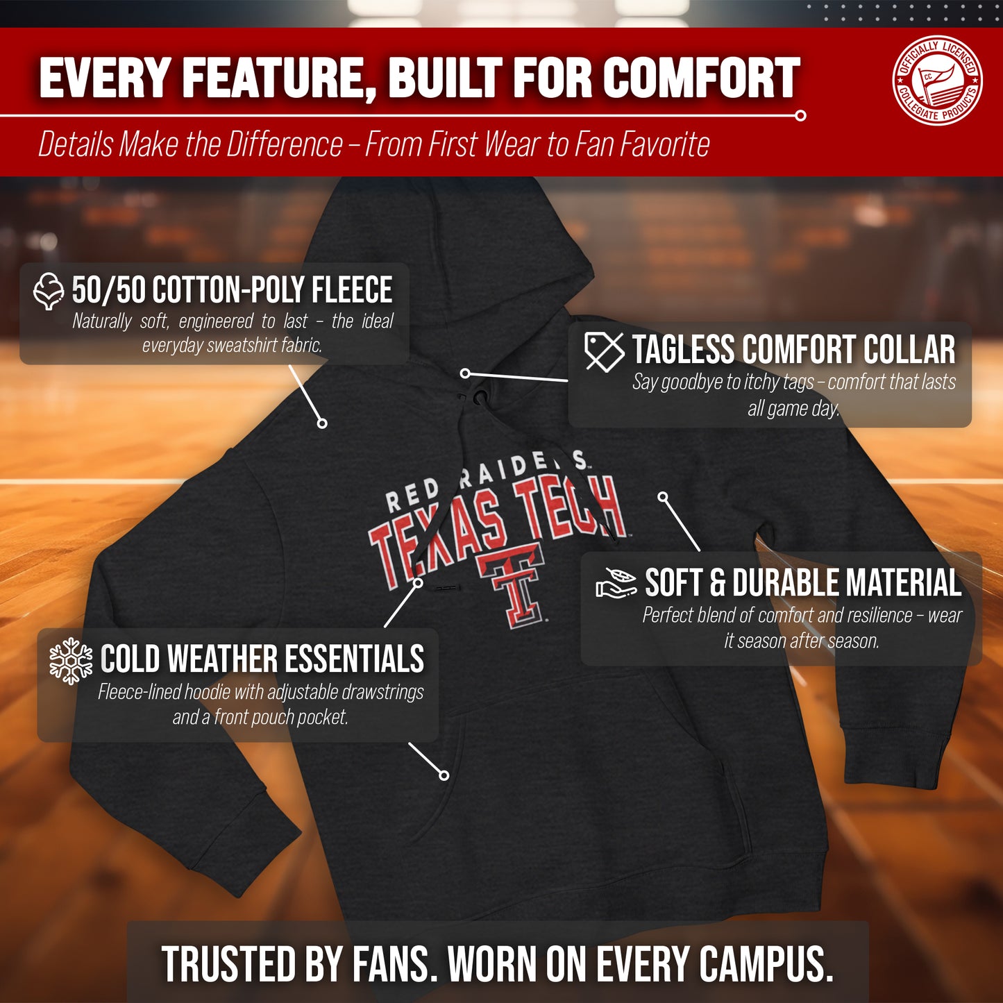 Texas Tech Red Raiders NCAA Adult Unisex Starting Fresh Heathered Hooded Fleece Sweatshirt - Black Heather