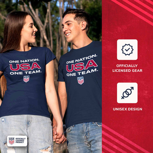 USA National Team The Victory Officially Licensed Unisex Adult US National Soccer Team One Nation One Team Slogan Short Sleeve T-Shirt - Navy