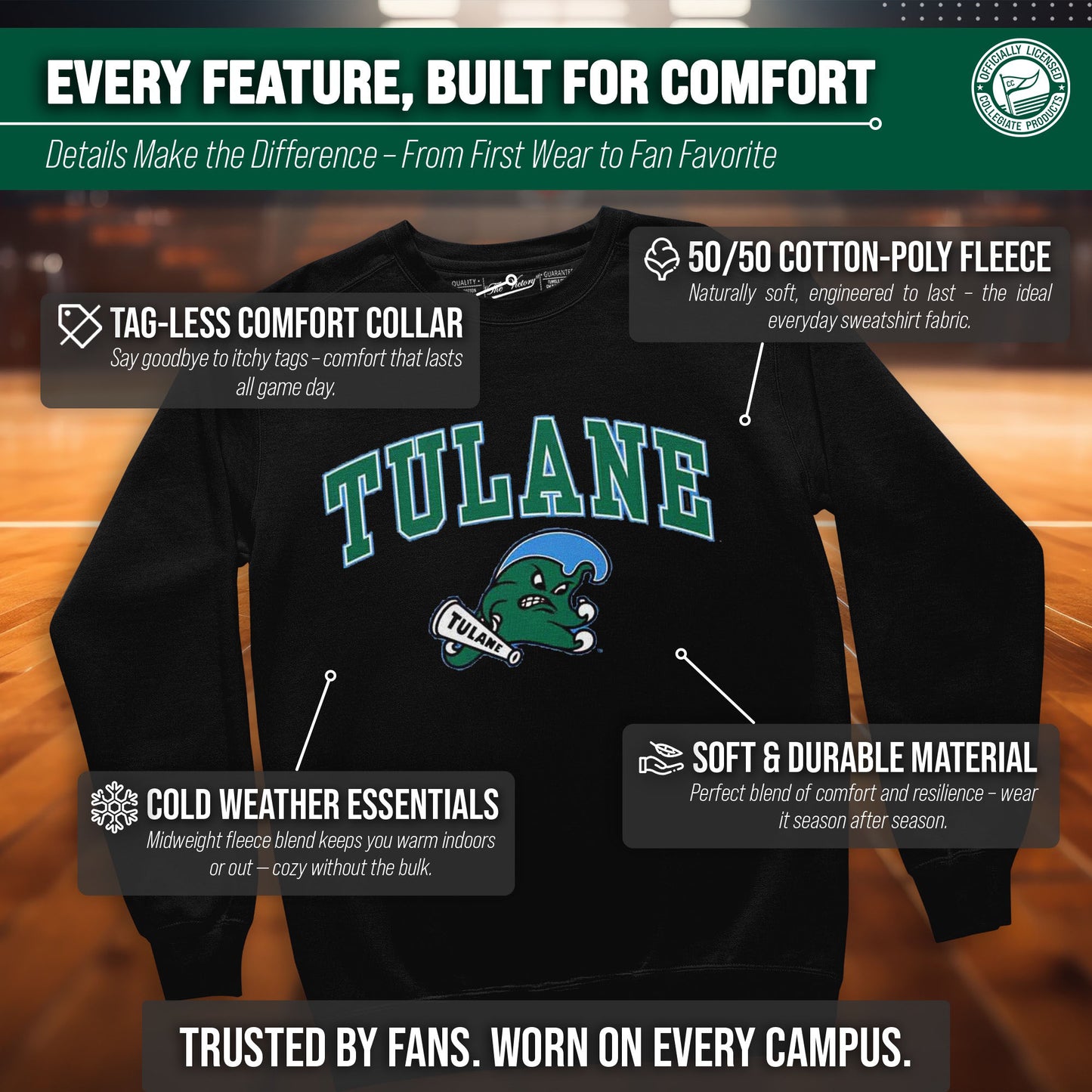 Tulane Green Wave Adult Arch & Logo Soft Style Gameday Crewneck Sweatshirt - Black