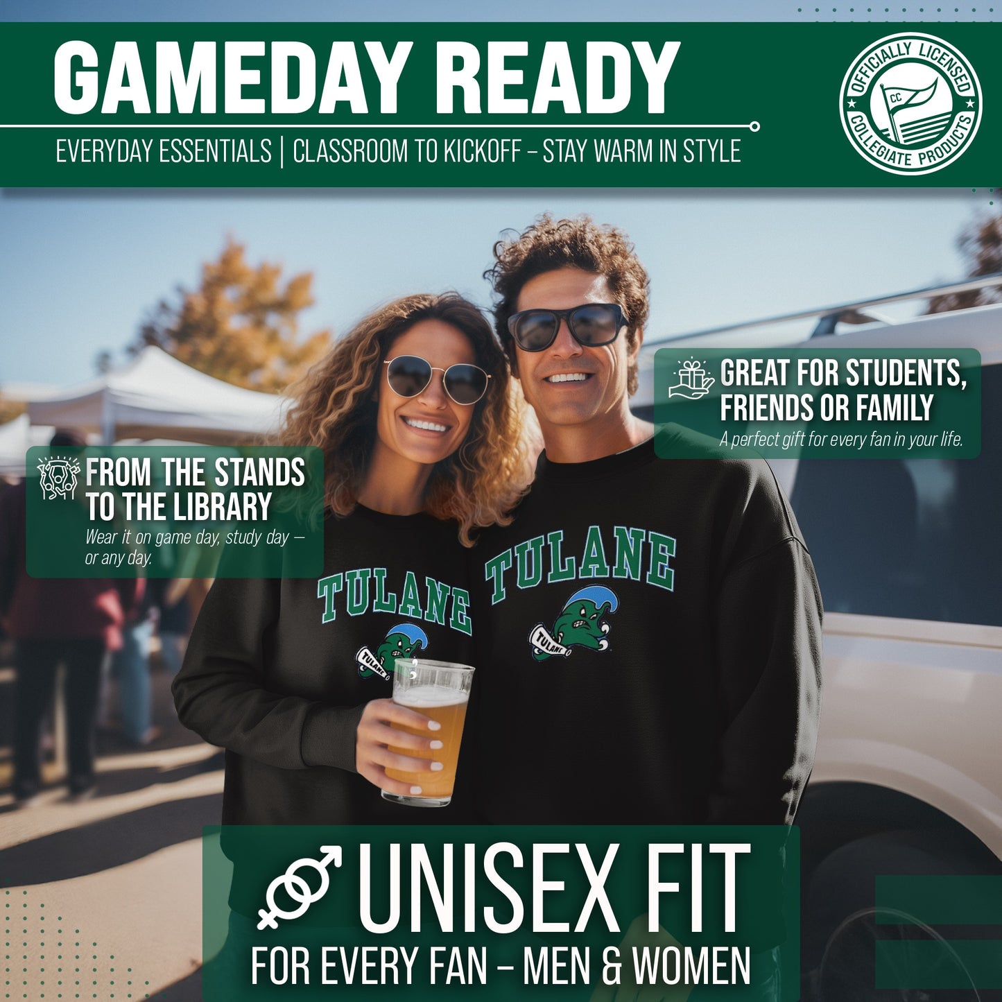 Tulane Green Wave Adult Arch & Logo Soft Style Gameday Crewneck Sweatshirt - Black