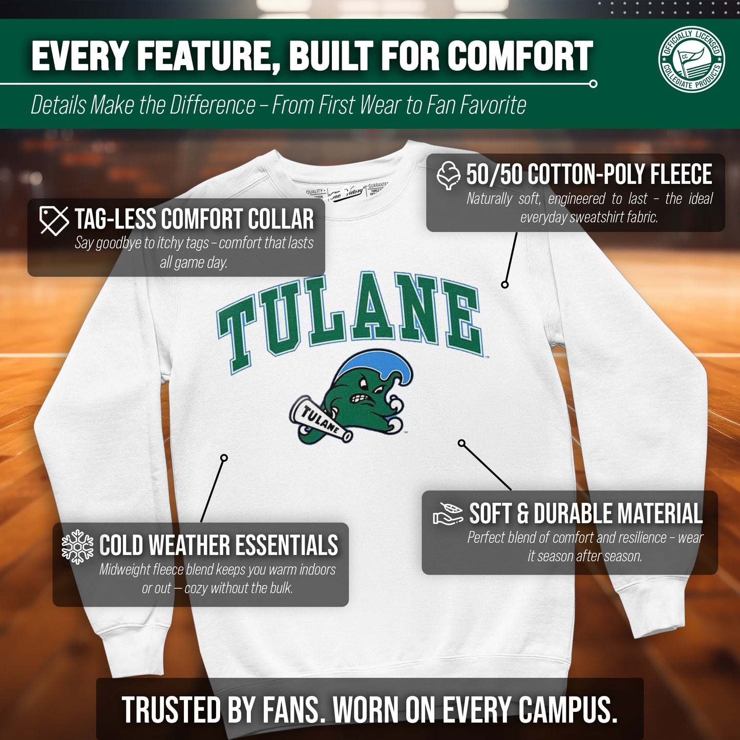 Tulane Green Wave Adult Arch & Logo Soft Style Gameday Crewneck Sweatshirt - White