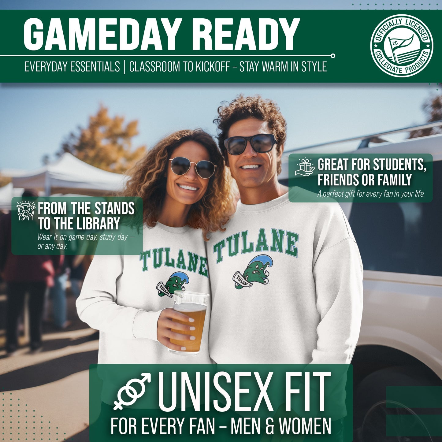 Tulane Green Wave Adult Arch & Logo Soft Style Gameday Crewneck Sweatshirt - White