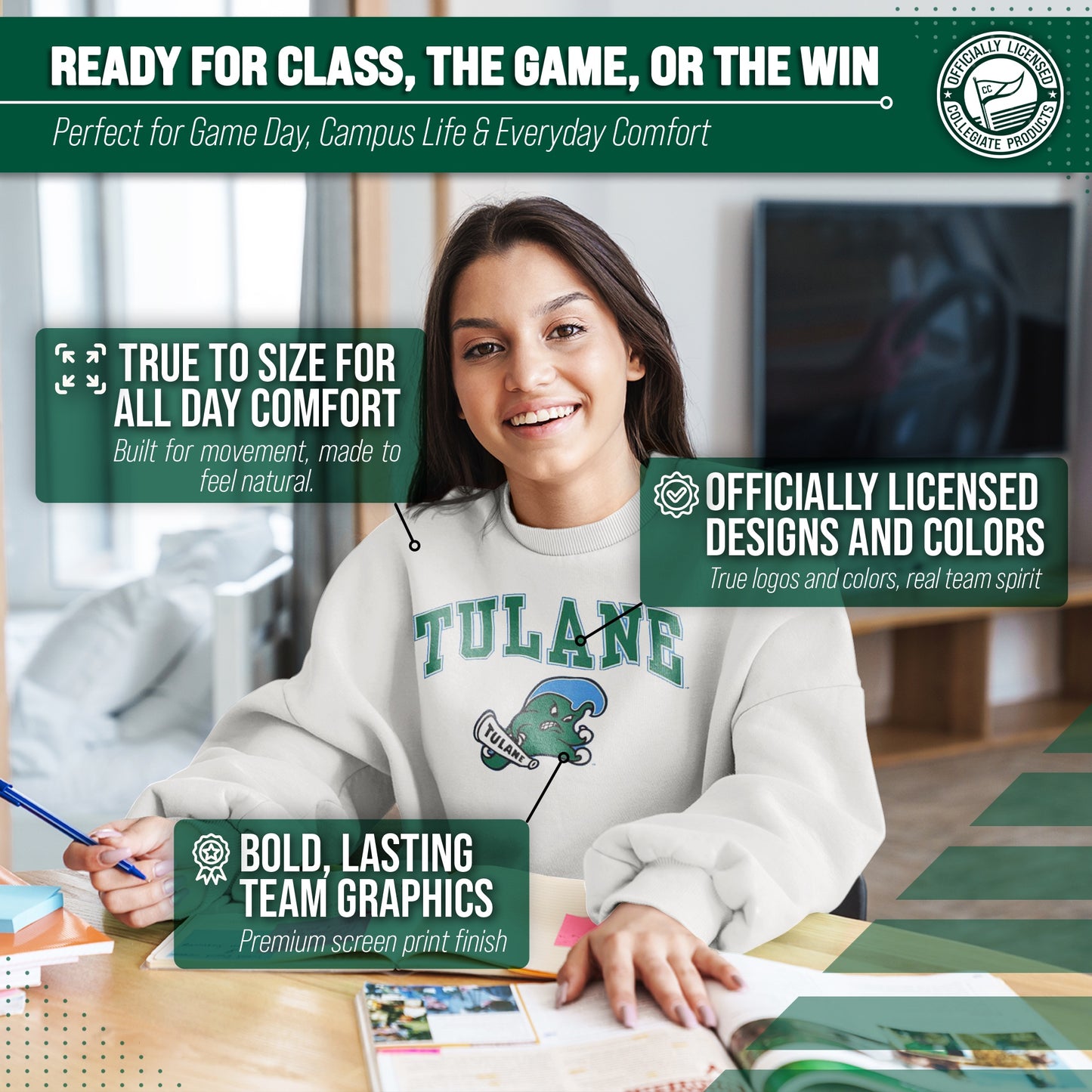 Tulane Green Wave Adult Arch & Logo Soft Style Gameday Crewneck Sweatshirt - White