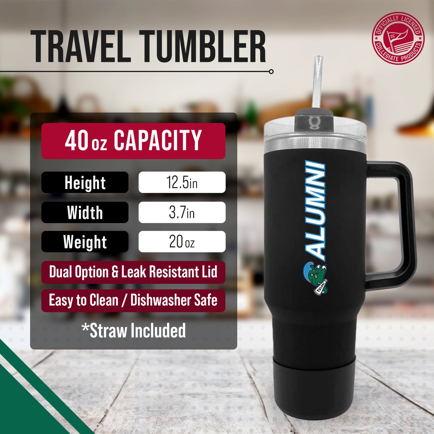 Tulane Green Wave Collegiate 40oz Stainless Steel Travel Tumbler with Handle for Alumni - Black