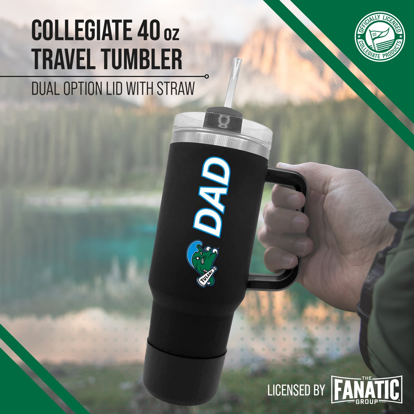 Tulane Green Wave Collegiate 40oz Stainless Steel Travel Tumbler with Handle for Dad - Black