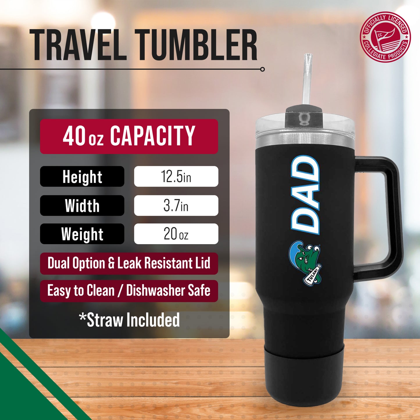 Tulane Green Wave Collegiate 40oz Stainless Steel Travel Tumbler with Handle for Dad - Black