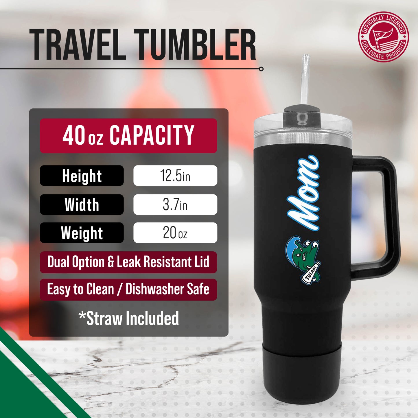 Tulane Green Wave Collegiate 40oz Stainless Steel Travel Tumbler with Handle for Mom - Black
