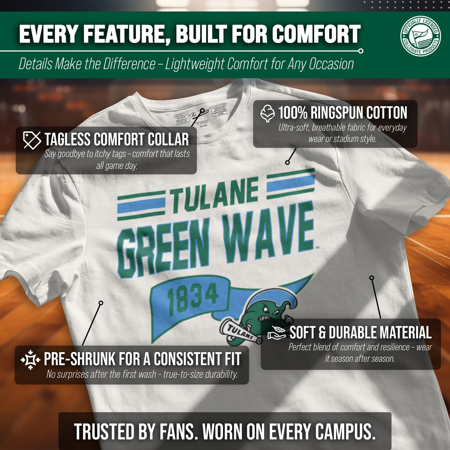 Tulane Green Wave NCAA Adult Unisex Varsity Club Pennant T-Shirt Tag-Less - Off White