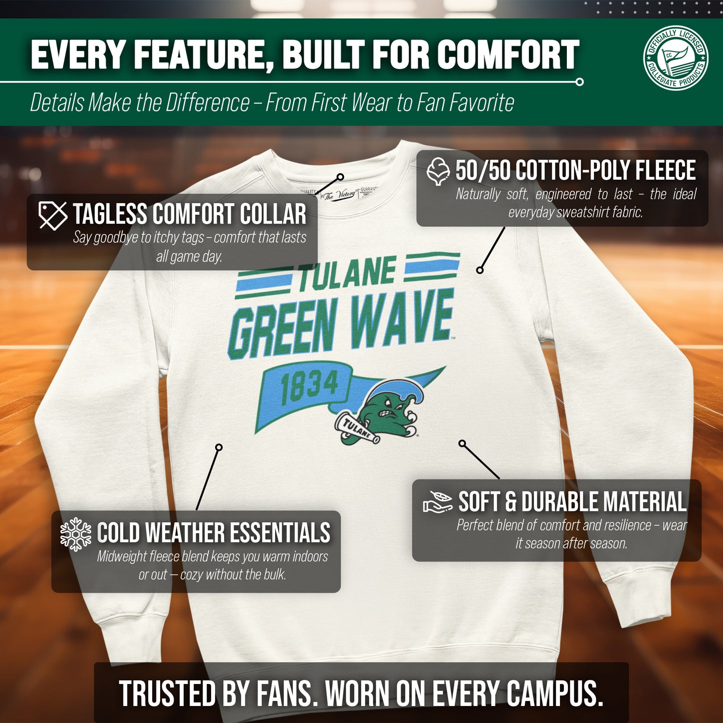 Tulane Green Wave NCAA Adult Unisex Varsity Club Pennant Crewneck Fleece Sweatshirt - Off White