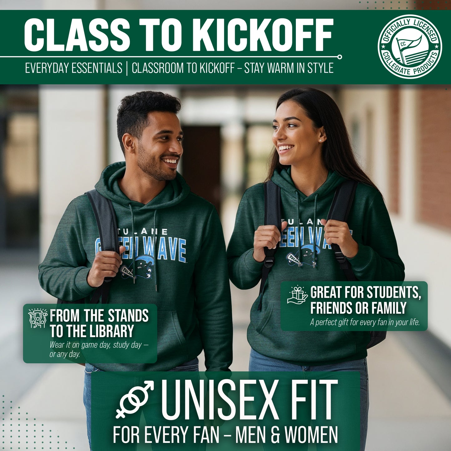 Tulane Green Wave NCAA Adult Unisex Starting Fresh Heathered Hooded Fleece Sweatshirt - Forest Green Heather