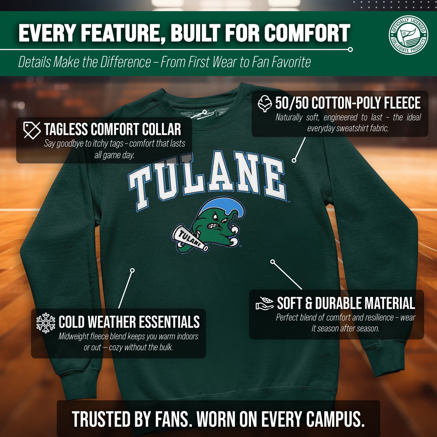 Tulane Green Wave Adult Arch & Logo Soft Style Gameday Crewneck Sweatshirt - Green