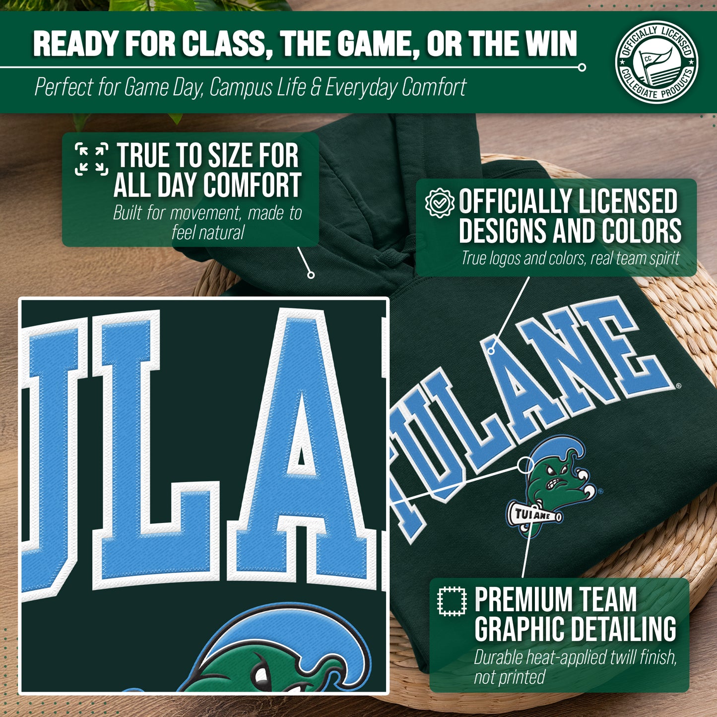 Tulane Green Wave NCAA Adult Tackle Twill Hooded Sweatshirt - Green