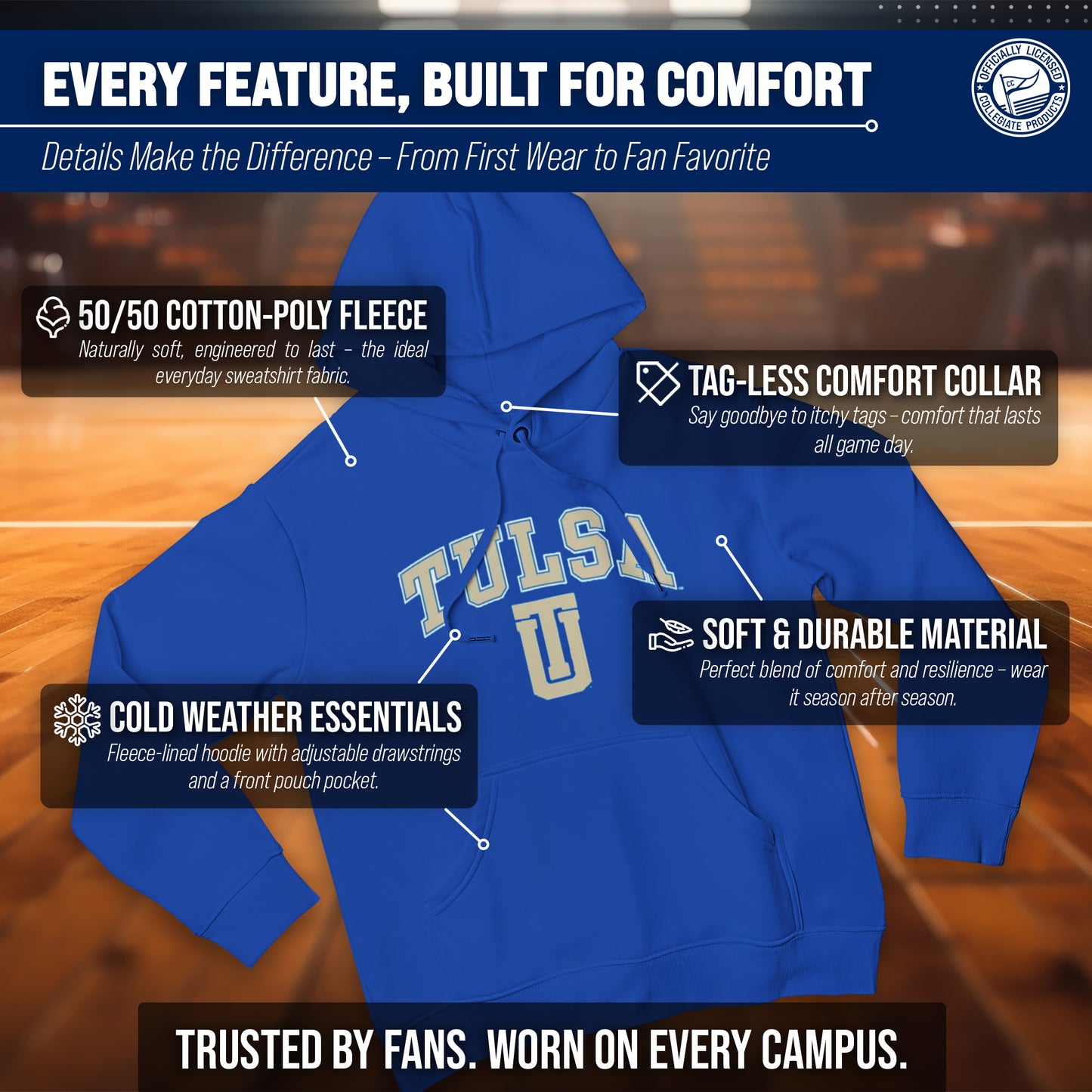 Tulsa Golden Hurricane Adult Arch & Logo Soft Style Gameday Hooded Sweatshirt - Royal