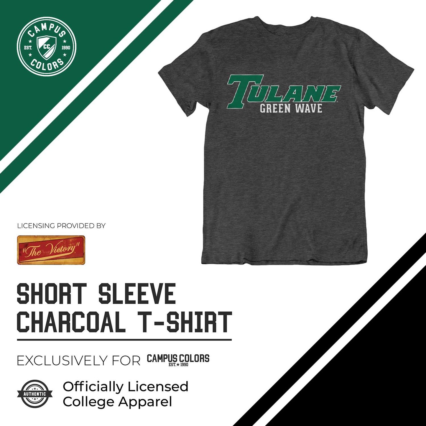 Tulane Green Wave Campus Colors NCAA Adult Cotton Blend Charcoal Tagless T-Shirt - Charcoal