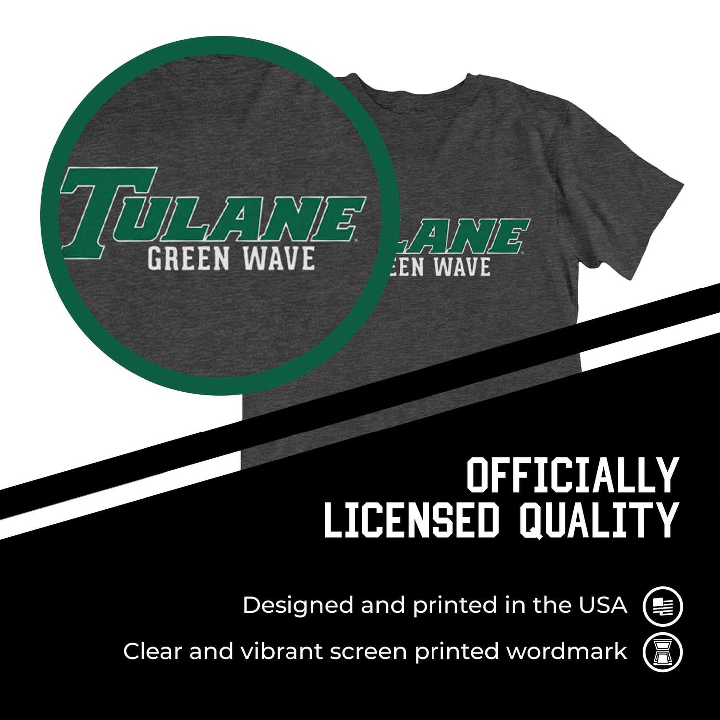 Tulane Green Wave Campus Colors NCAA Adult Cotton Blend Charcoal Tagless T-Shirt - Charcoal