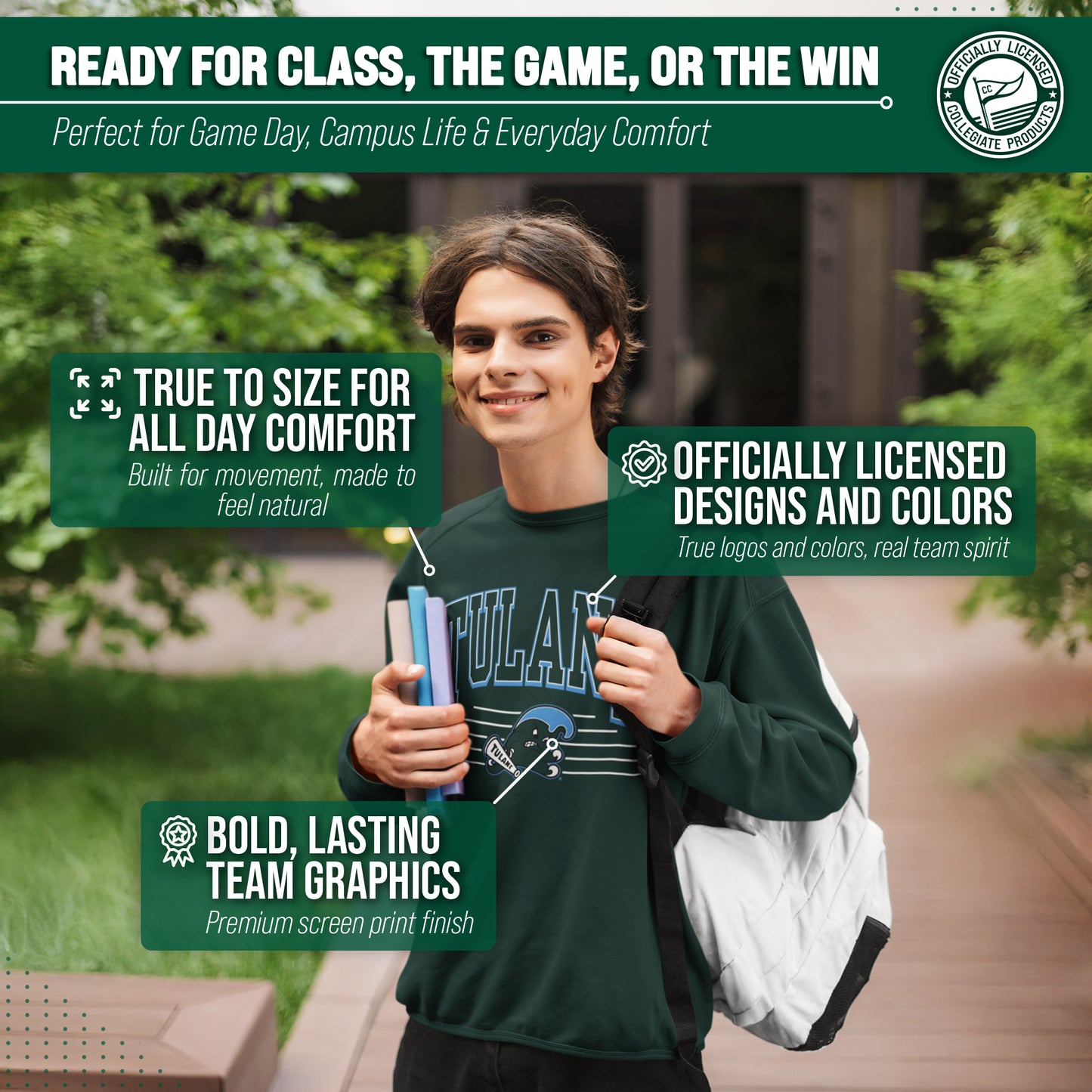 Tulane Green Wave NCAA Adult Unisex Overtime Classics Crewneck Fleece Sweatshirt - Forest Green