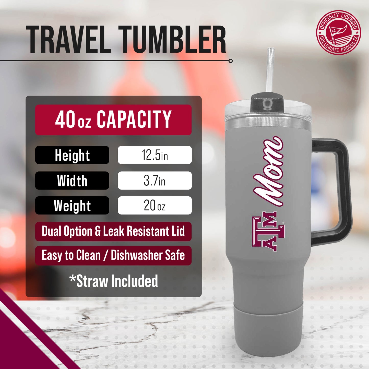Texas A&M Aggies Collegiate 40oz Stainless Steel Travel Tumbler with Handle for Mom - Gray