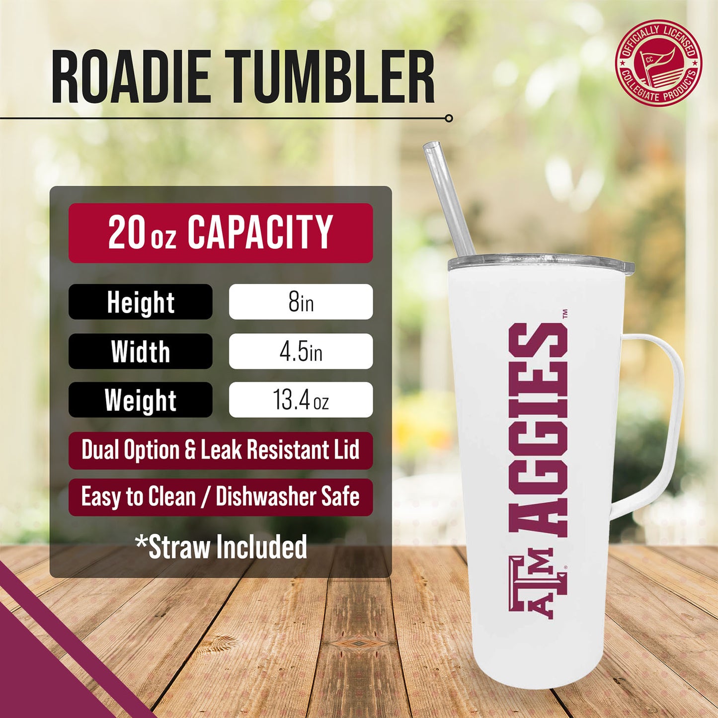 Texas A&M Aggies NCAA Stainless Steel 20oz Roadie With Handle & Dual Option Lid With Straw - White