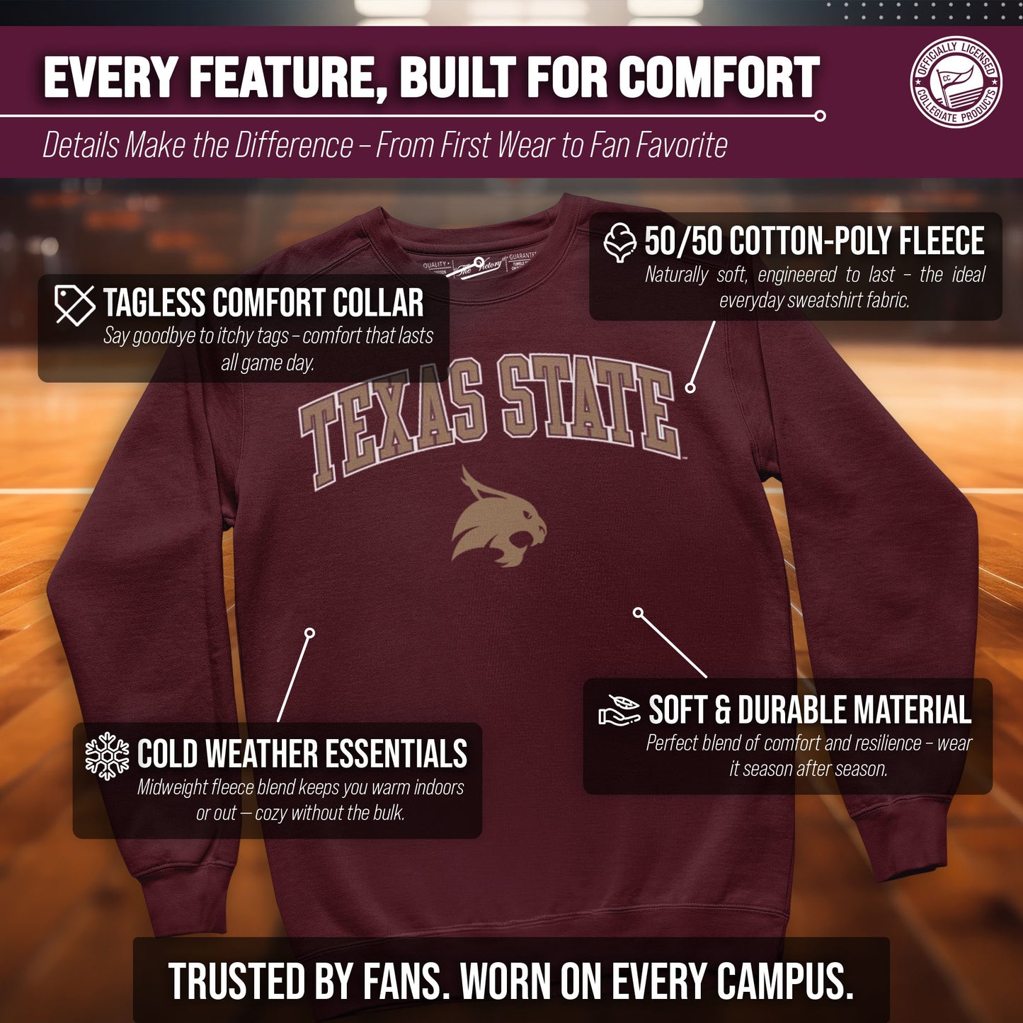 Texas State Bobcats Adult Arch & Logo Soft Style Gameday Crewneck Sweatshirt - Maroon