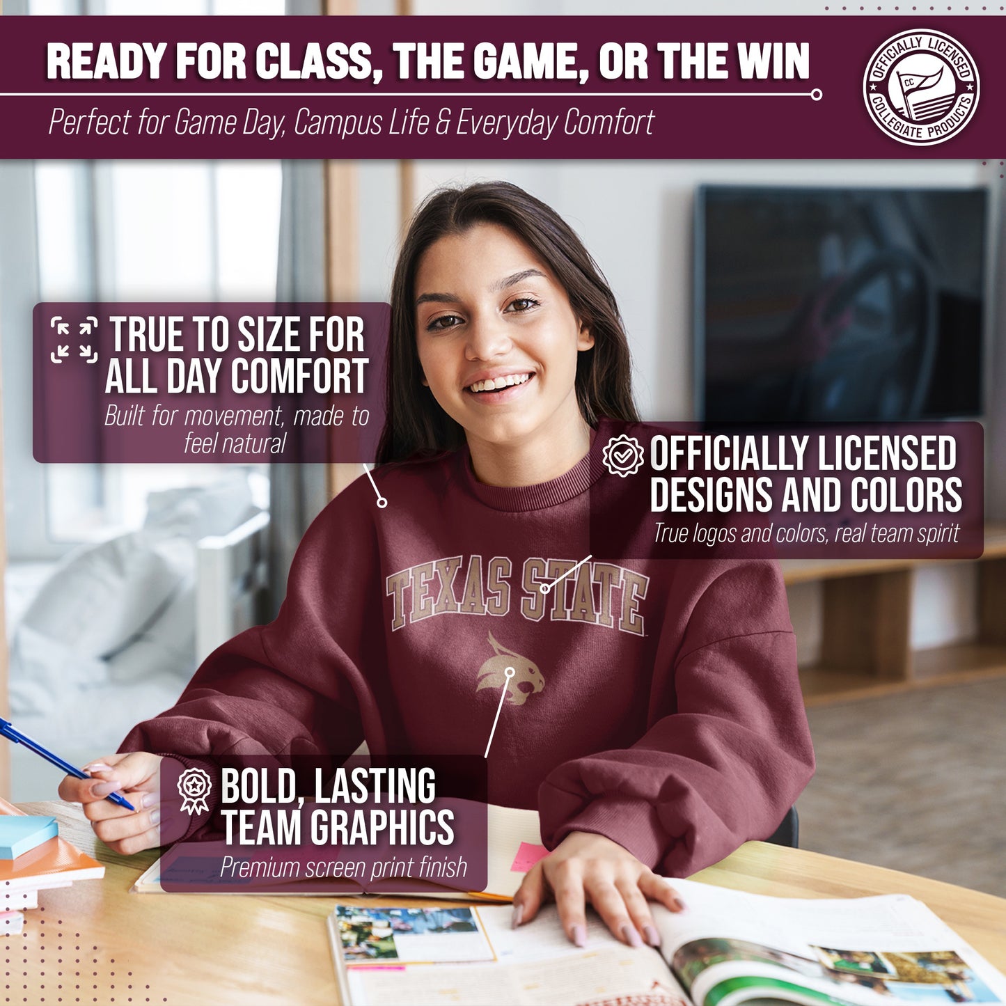 Texas State Bobcats Adult Arch & Logo Soft Style Gameday Crewneck Sweatshirt - Maroon