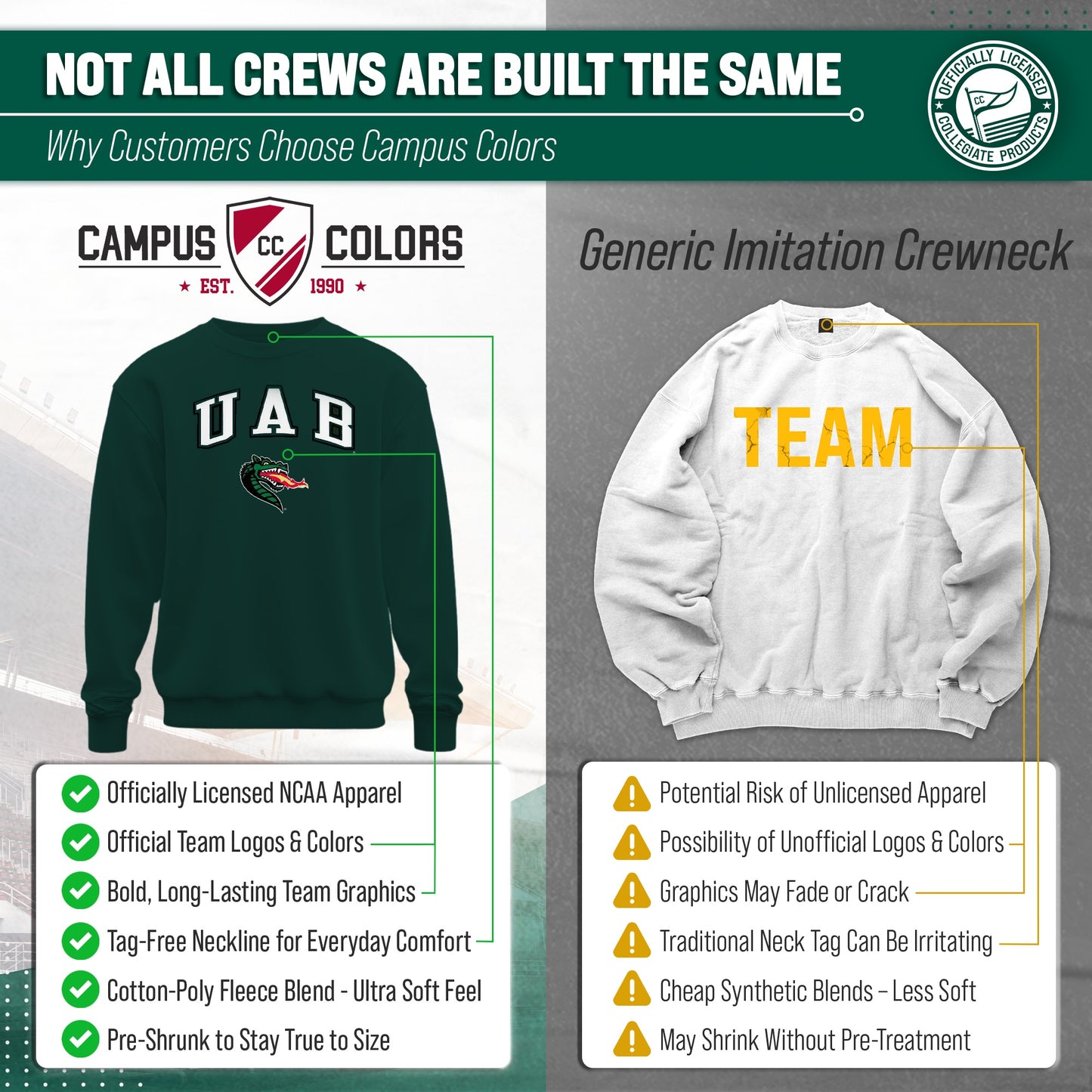UAB Blazers Adult Arch & Logo Soft Style Gameday Crewneck Sweatshirt - Green