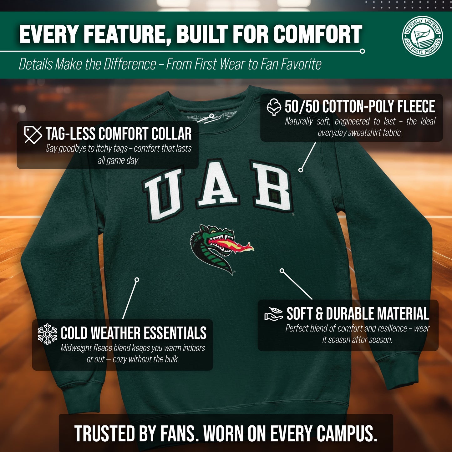 UAB Blazers Adult Arch & Logo Soft Style Gameday Crewneck Sweatshirt - Green