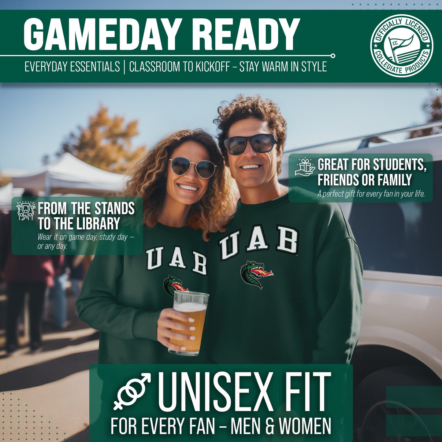 UAB Blazers Adult Arch & Logo Soft Style Gameday Crewneck Sweatshirt - Green
