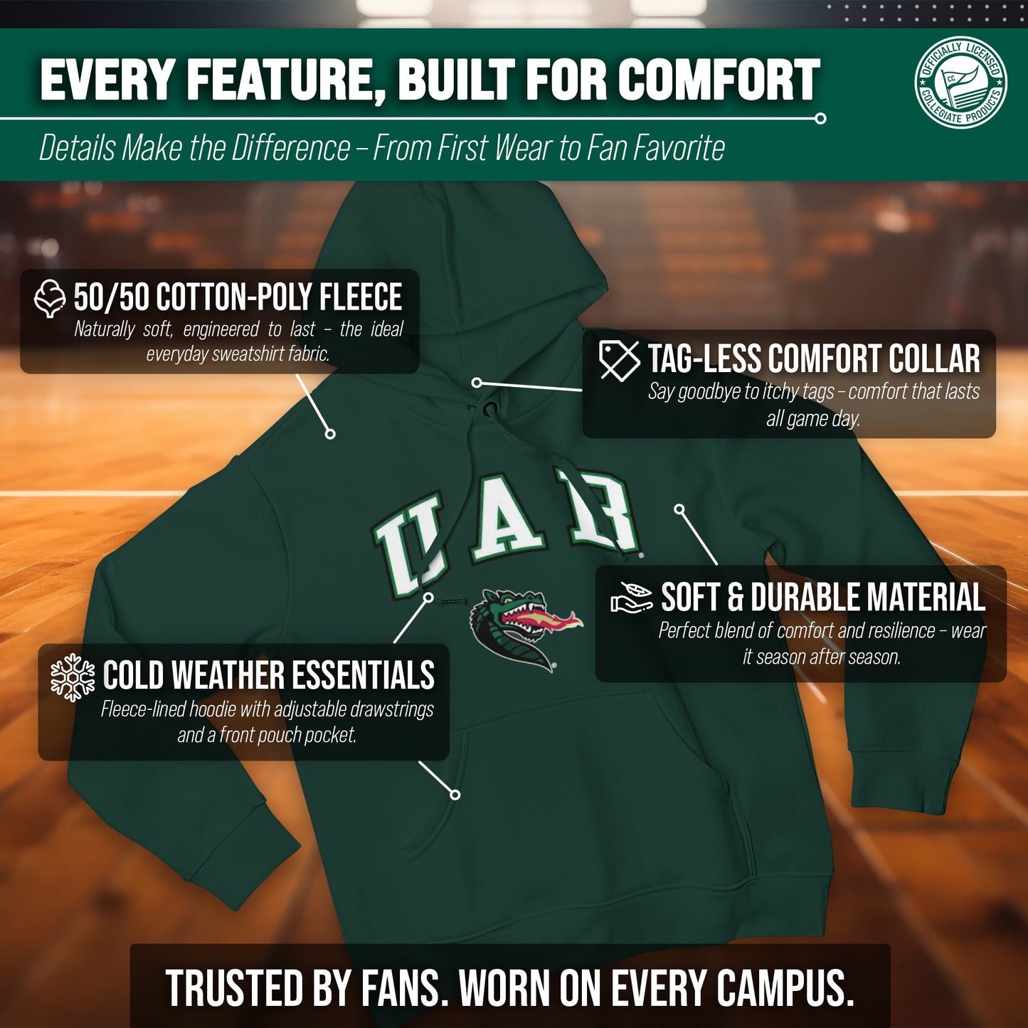 UAB Blazers Adult Arch & Logo Soft Style Gameday Hooded Sweatshirt - Green