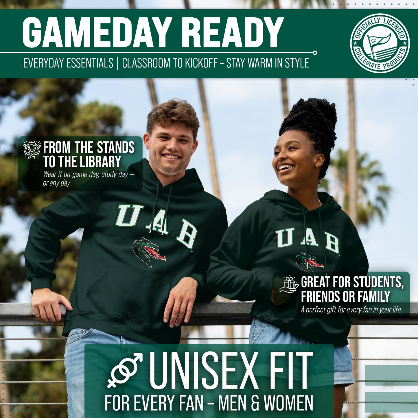 UAB Blazers Adult Arch & Logo Soft Style Gameday Hooded Sweatshirt - Green