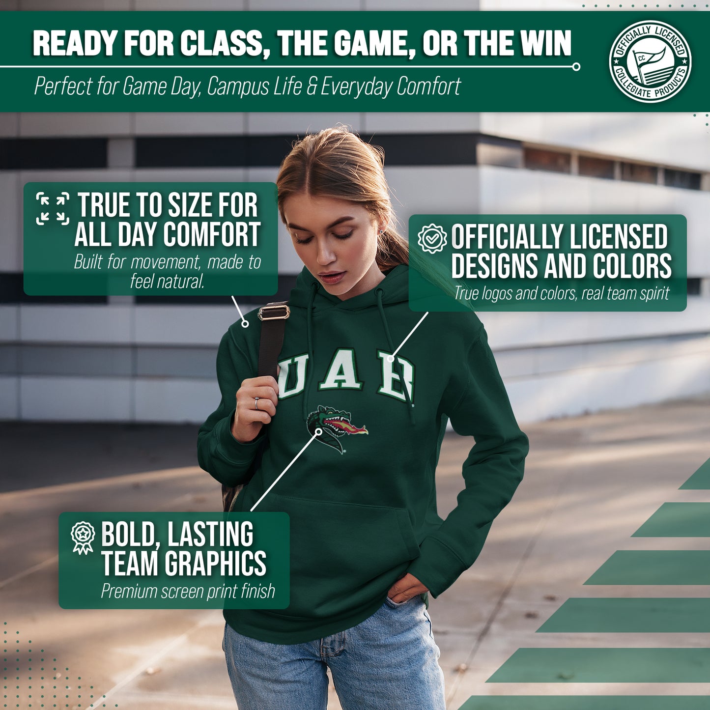 UAB Blazers Adult Arch & Logo Soft Style Gameday Hooded Sweatshirt - Green