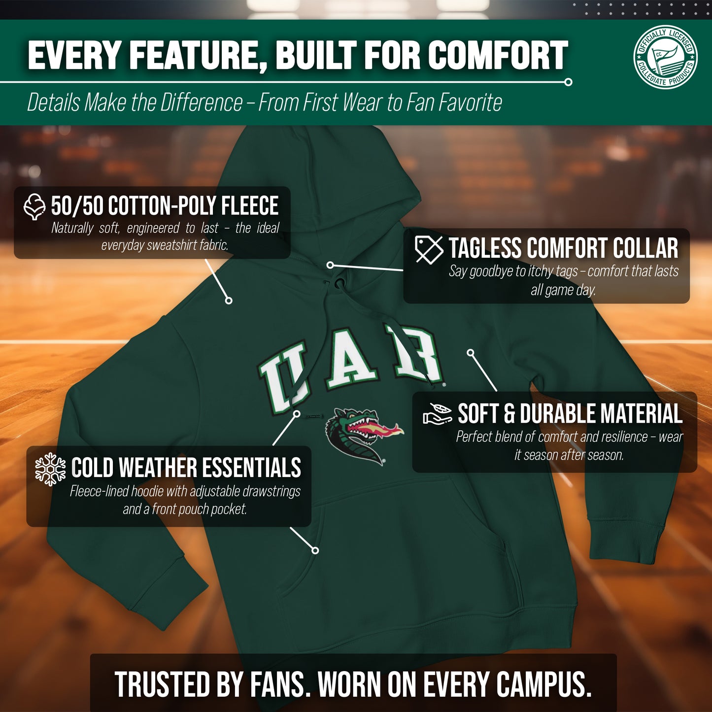 UAB Blazers Adult Arch & Logo Soft Style Gameday Hooded Sweatshirt - Green