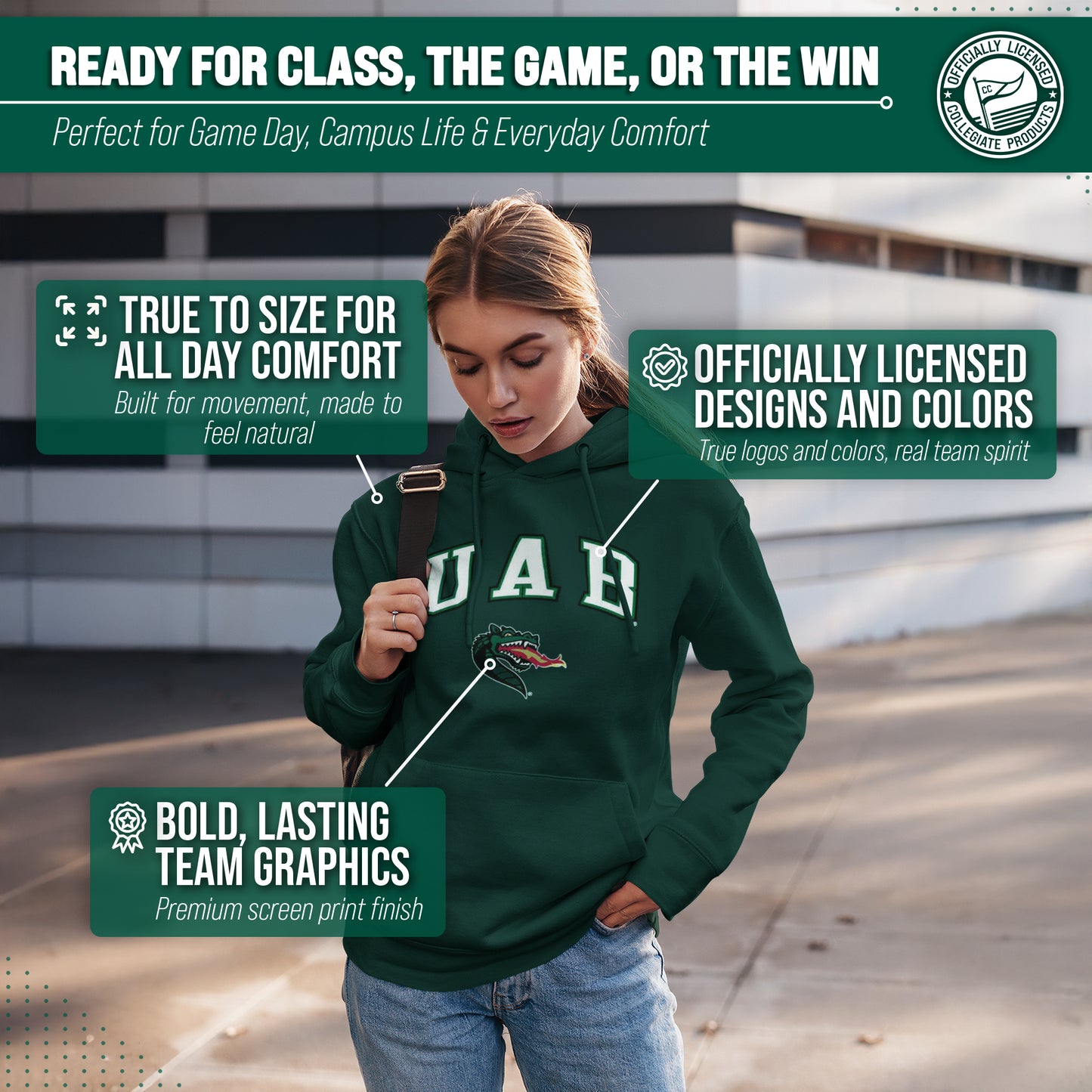 UAB Blazers Adult Arch & Logo Soft Style Gameday Hooded Sweatshirt - Green