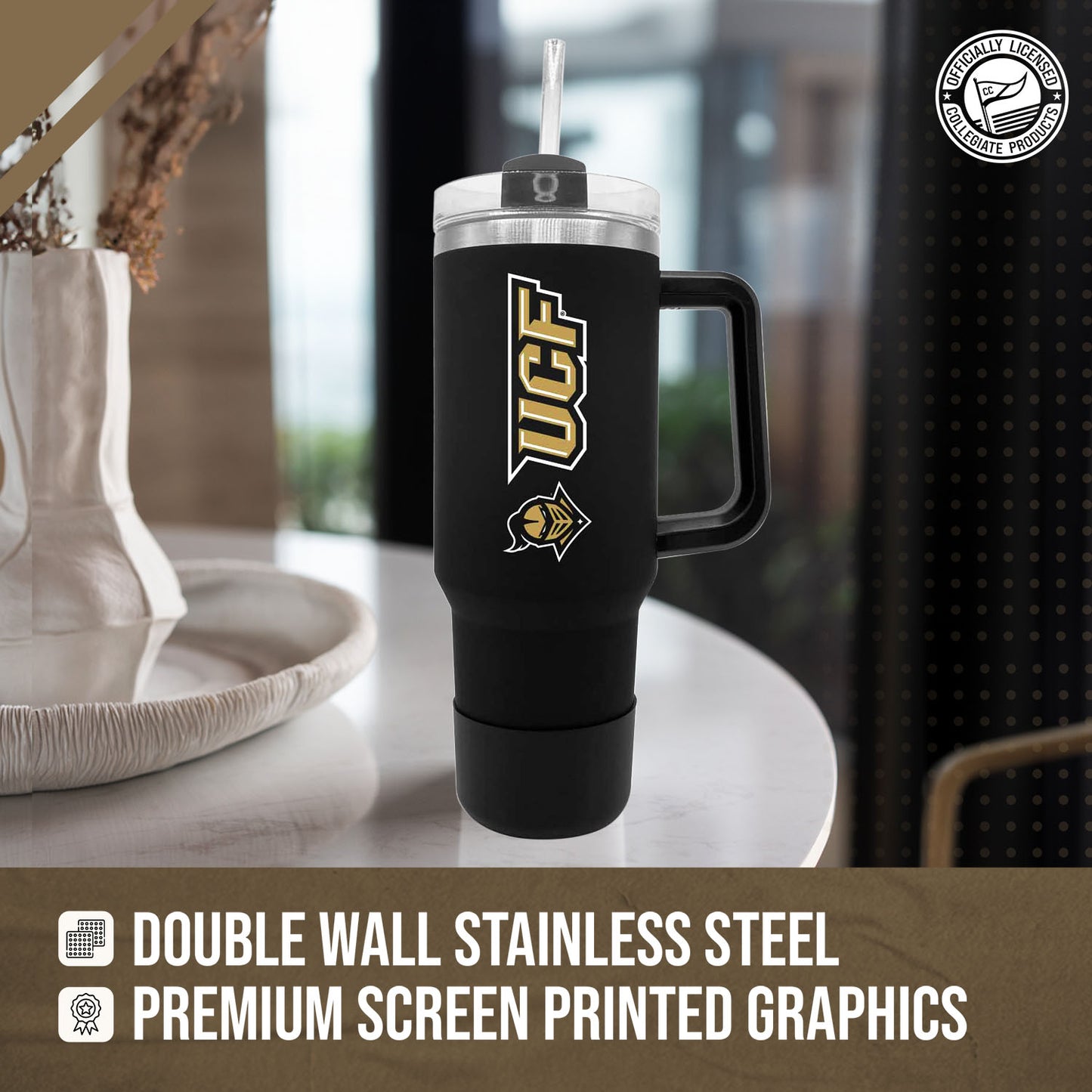 Central Florida Knights College & University 40 oz Travel Tumbler With Handle - Black