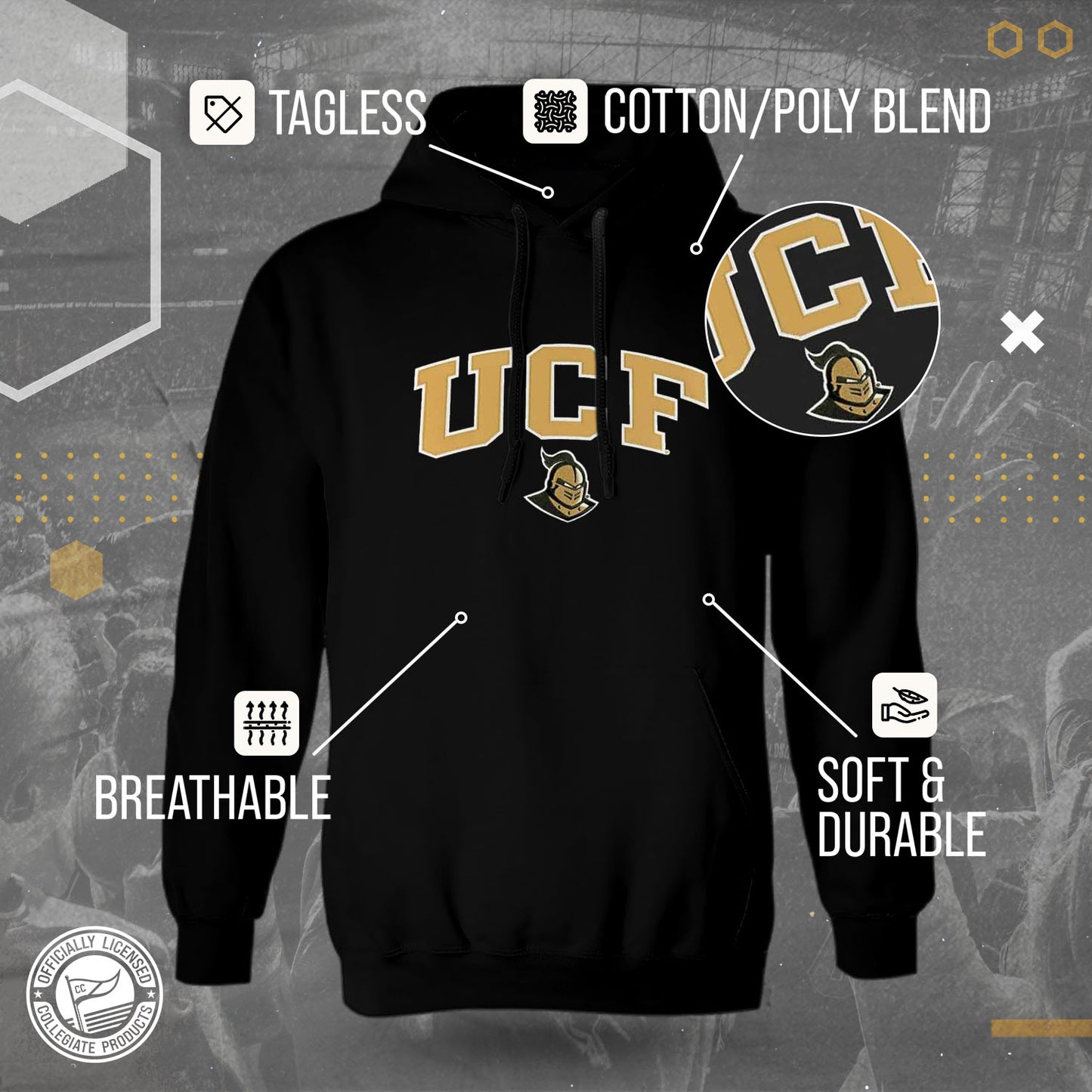 Central Florida Knights NCAA Adult Tackle Twill Hooded Sweatshirt - Black