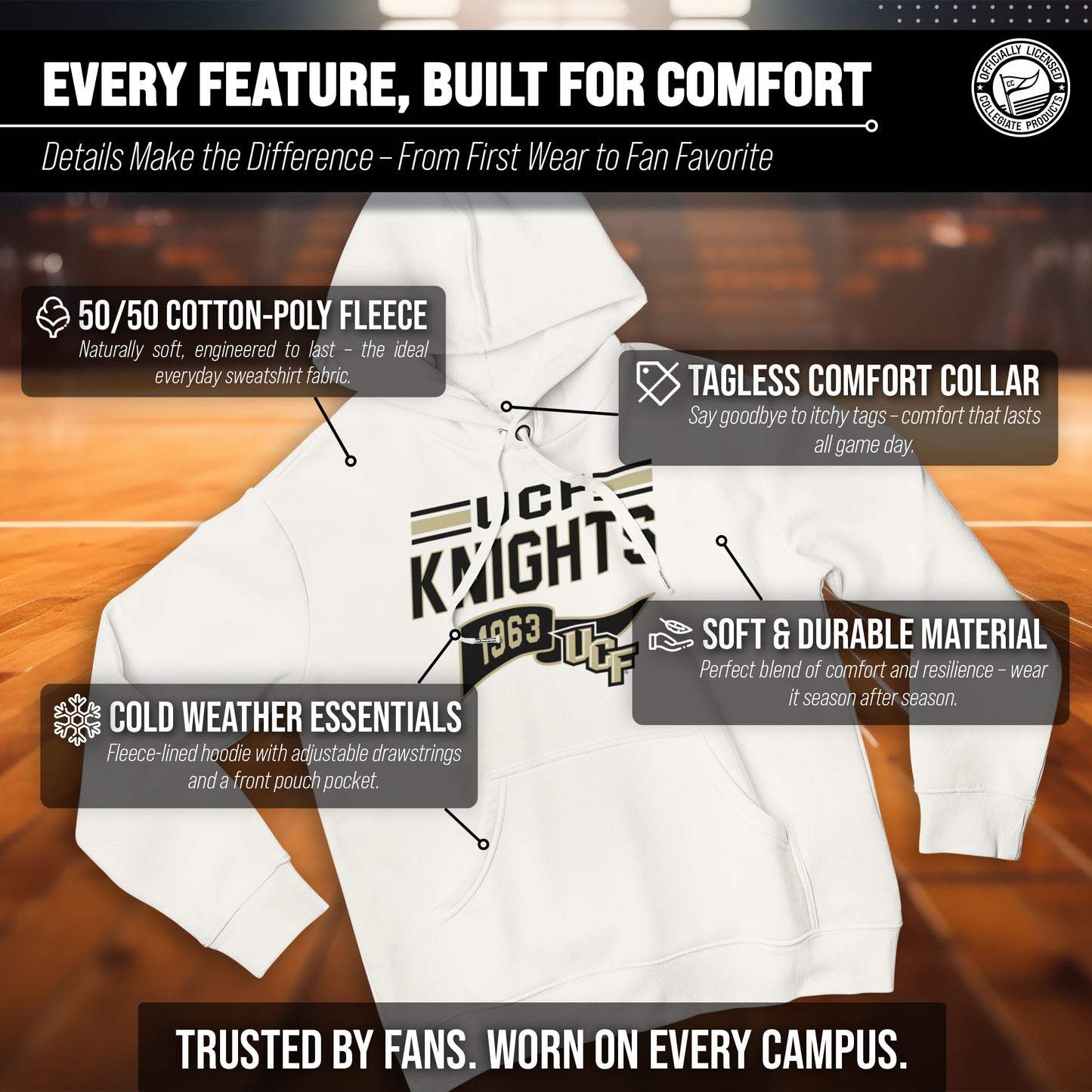 Central Florida Knights NCAA Adult Unisex Varsity Club Pennant Hooded Fleece Sweatshirt - Off White