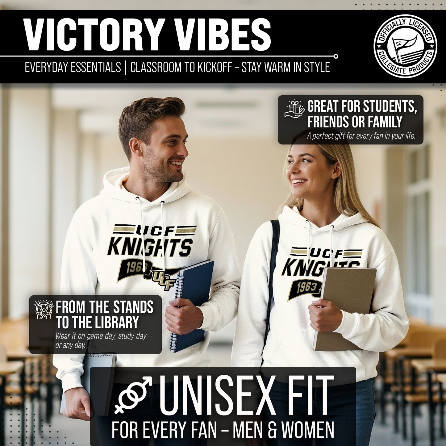 Central Florida Knights NCAA Adult Unisex Varsity Club Pennant Hooded Fleece Sweatshirt - Off White