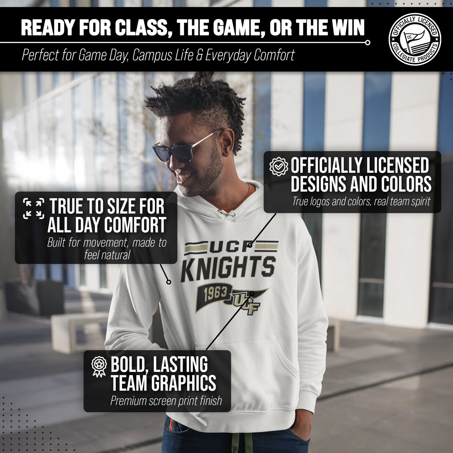 Central Florida Knights NCAA Adult Unisex Varsity Club Pennant Hooded Fleece Sweatshirt - Off White