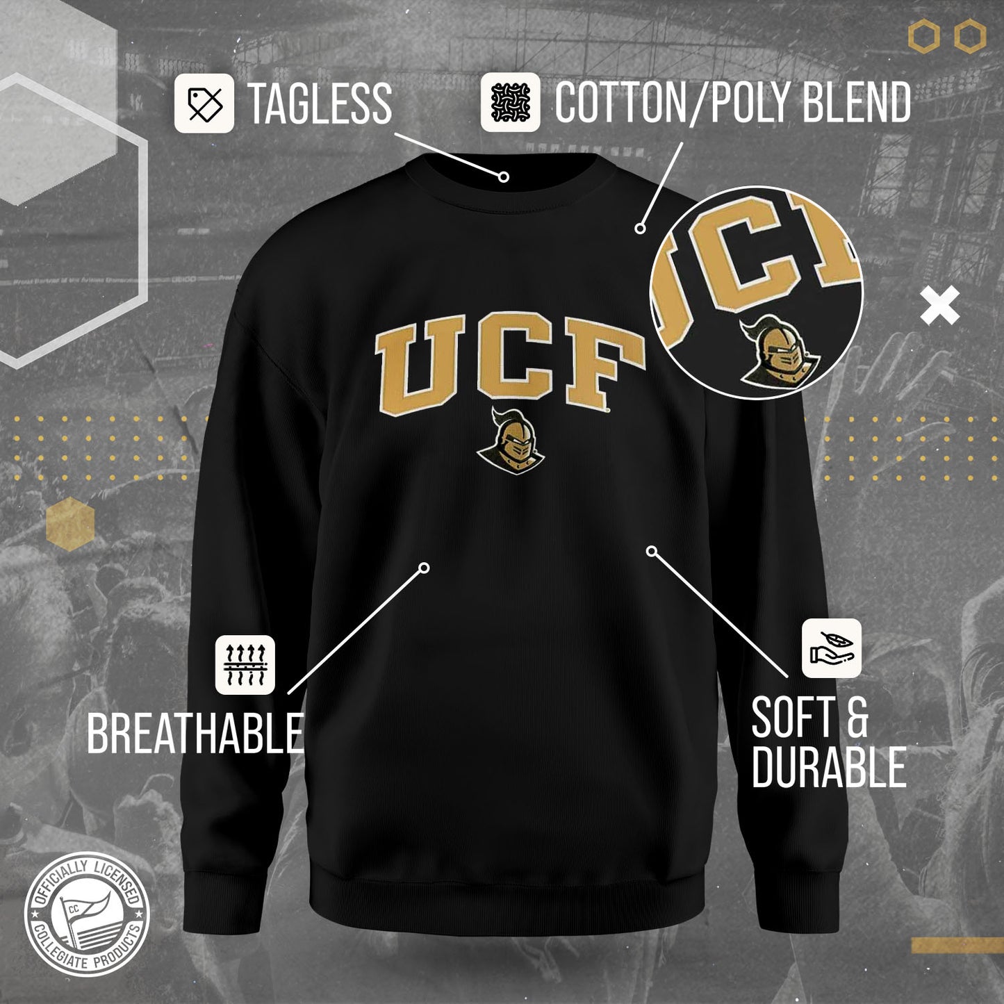 Central Florida Knights NCAA Adult Tackle Twill Crewneck Sweatshirt - Black