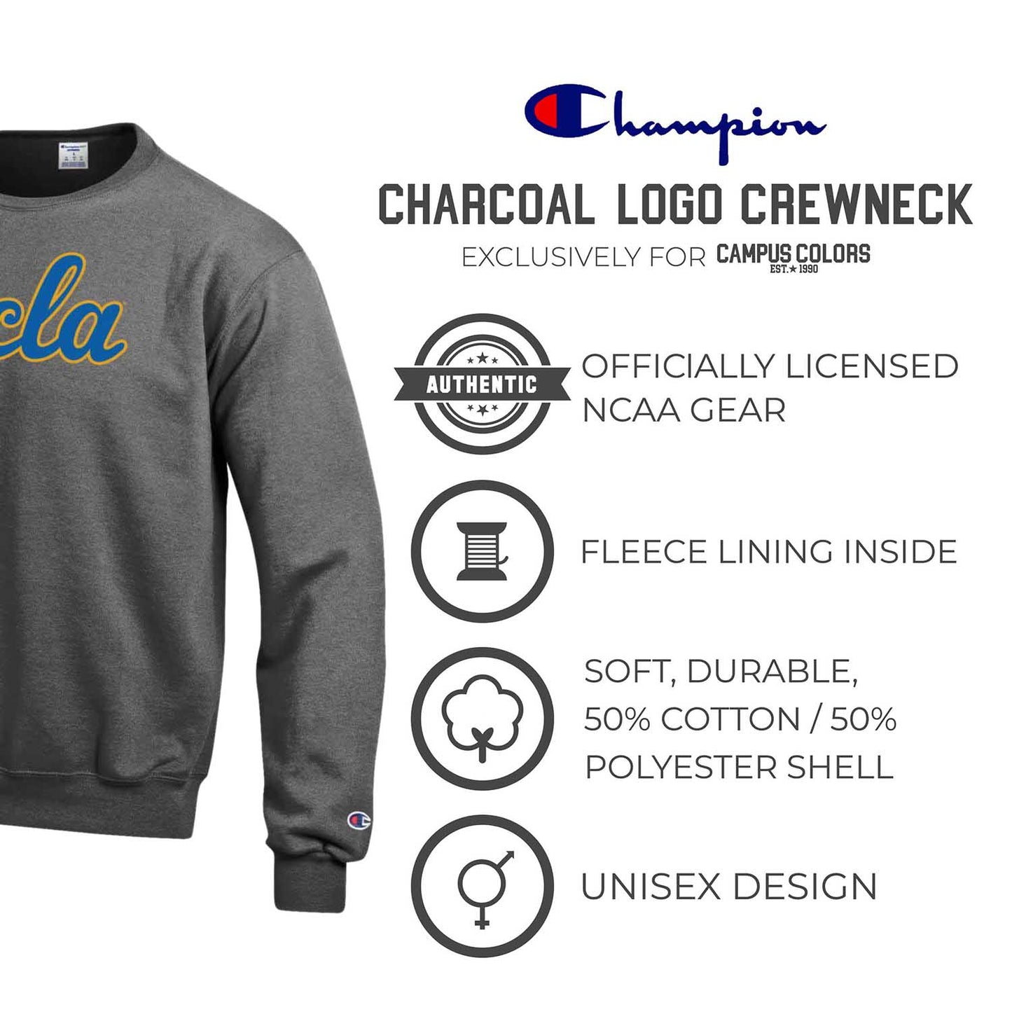 UCLA Bruins Adult Mascot Fleece Crewneck - Charcoal