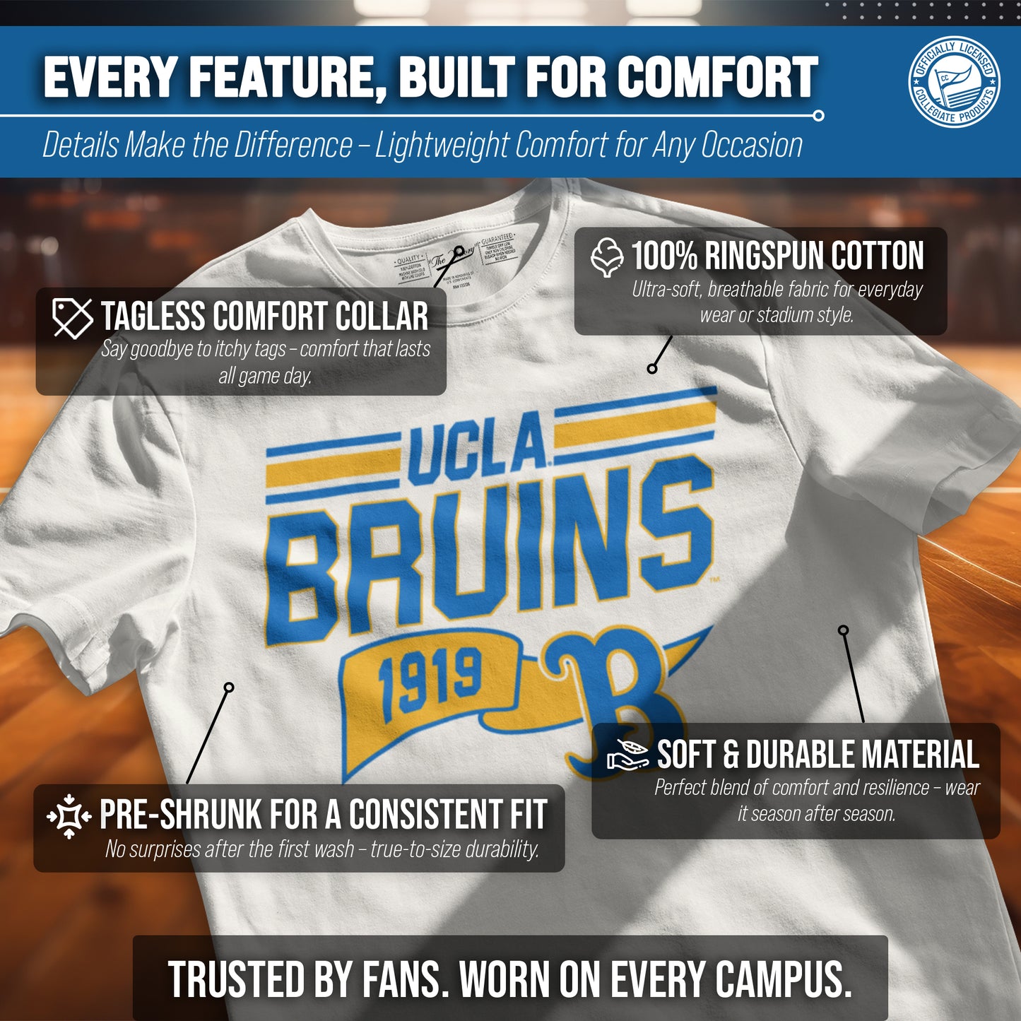 UCLA Bruins NCAA Adult Unisex Varsity Club Pennant T-Shirt Tag-Less - Off White