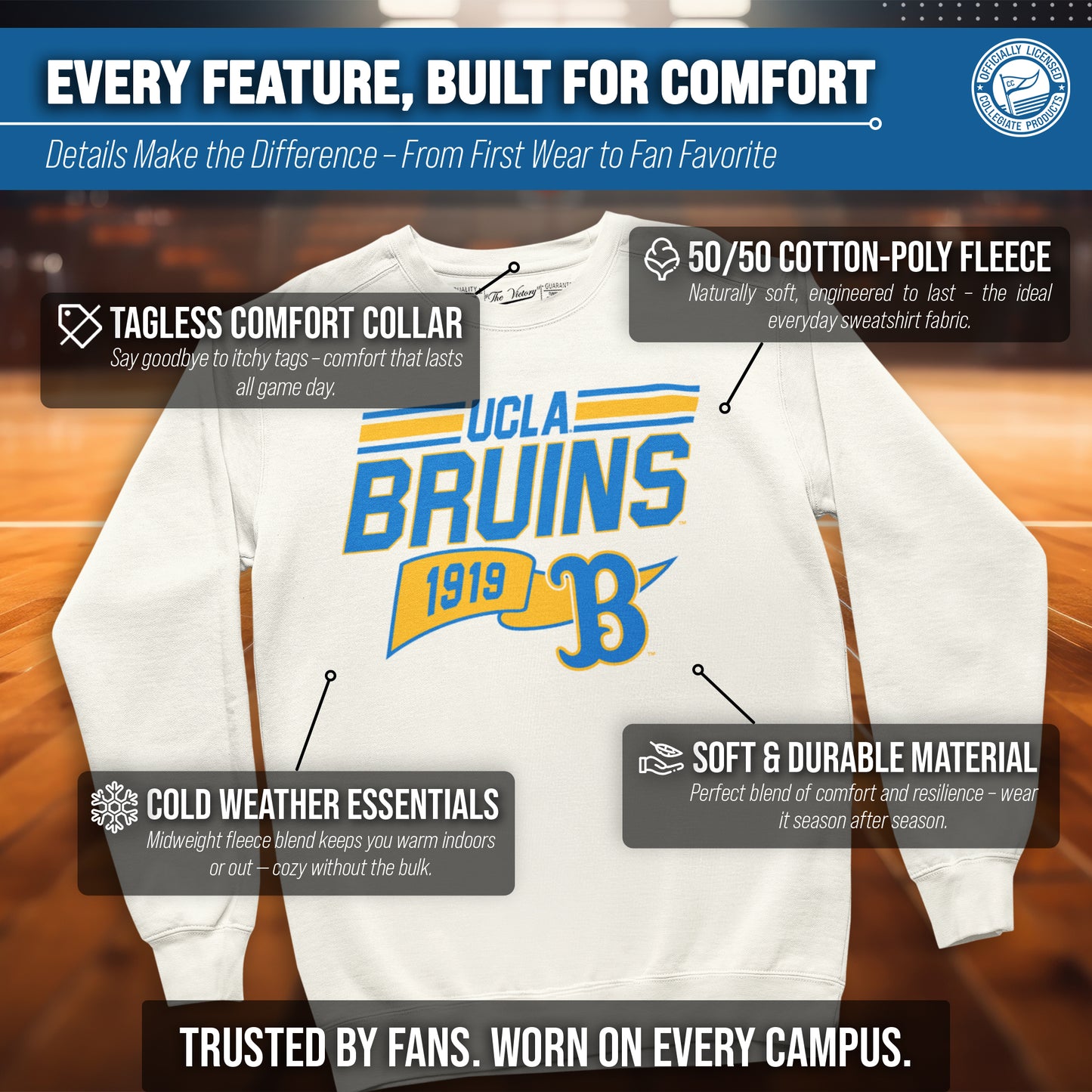UCLA Bruins NCAA Adult Unisex Varsity Club Pennant Crewneck Fleece Sweatshirt - Off White