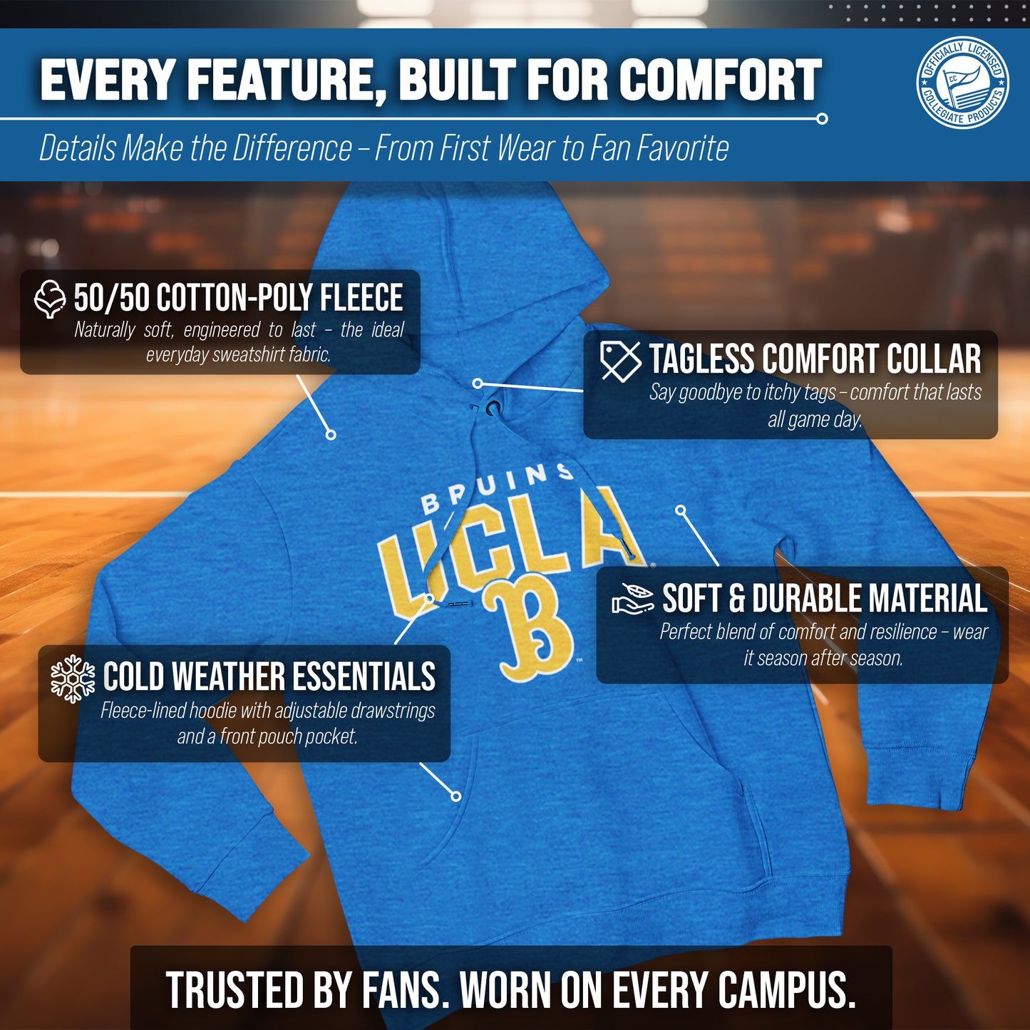 UCLA Bruins NCAA Adult Unisex Starting Fresh Heathered Hooded Fleece Sweatshirt - Blue Heather