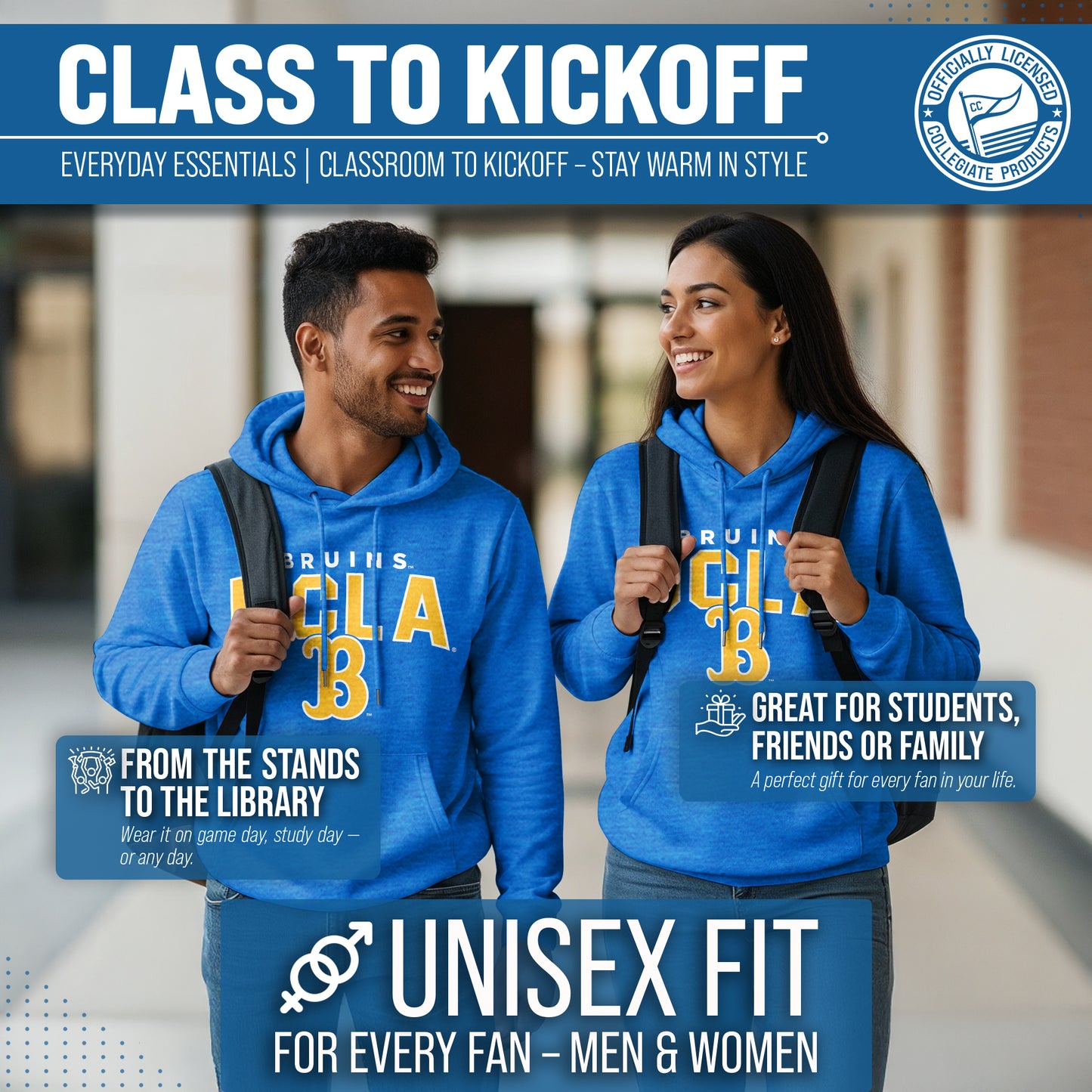 UCLA Bruins NCAA Adult Unisex Starting Fresh Heathered Hooded Fleece Sweatshirt - Blue Heather