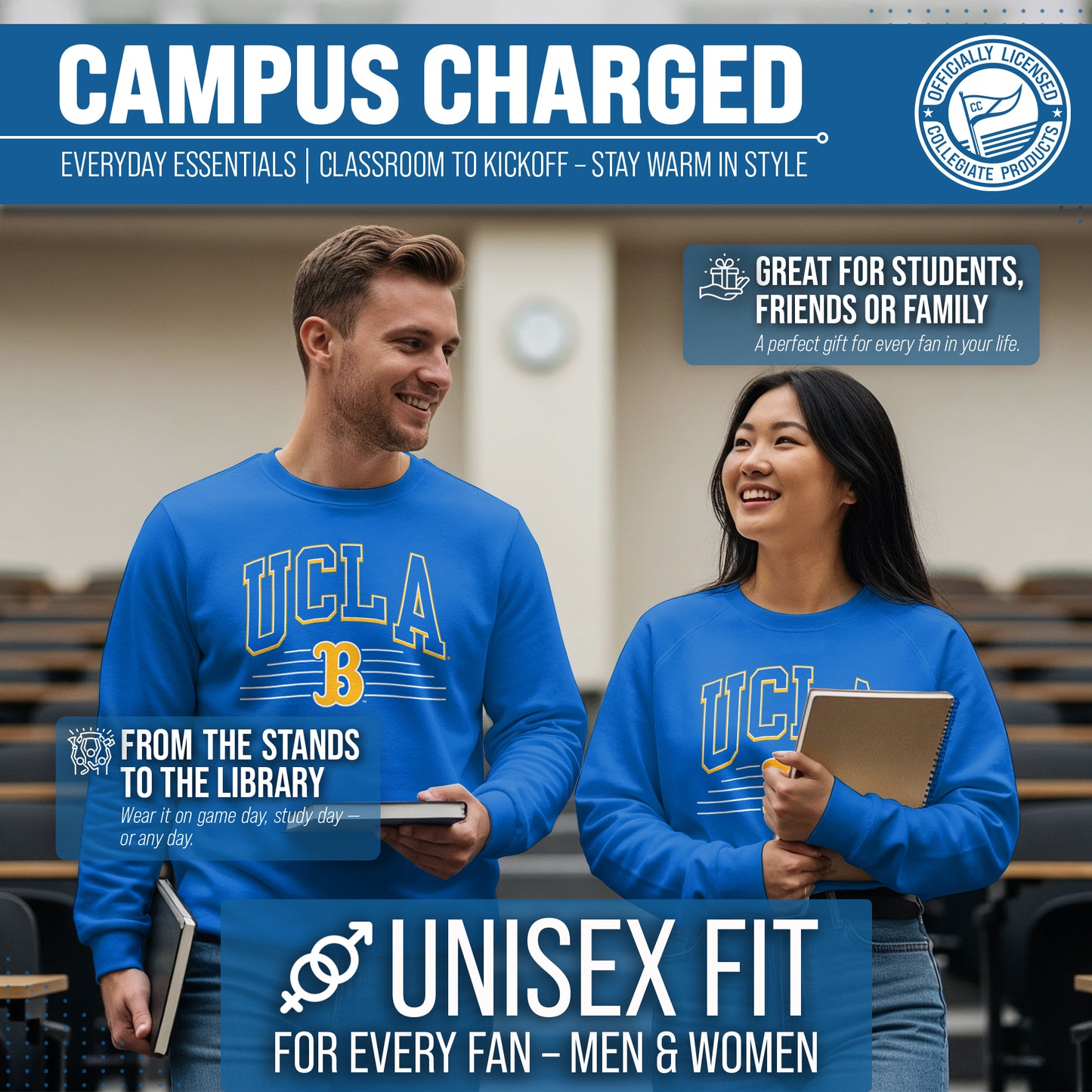 UCLA Bruins NCAA Adult Unisex Overtime Classics Crewneck Fleece Sweatshirt - Blue