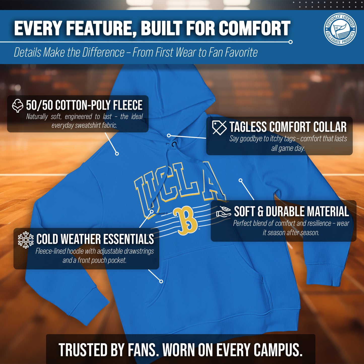 UCLA Bruins NCAA Adult Unisex Overtime Classics Hooded Fleece Sweatshirt - Blue